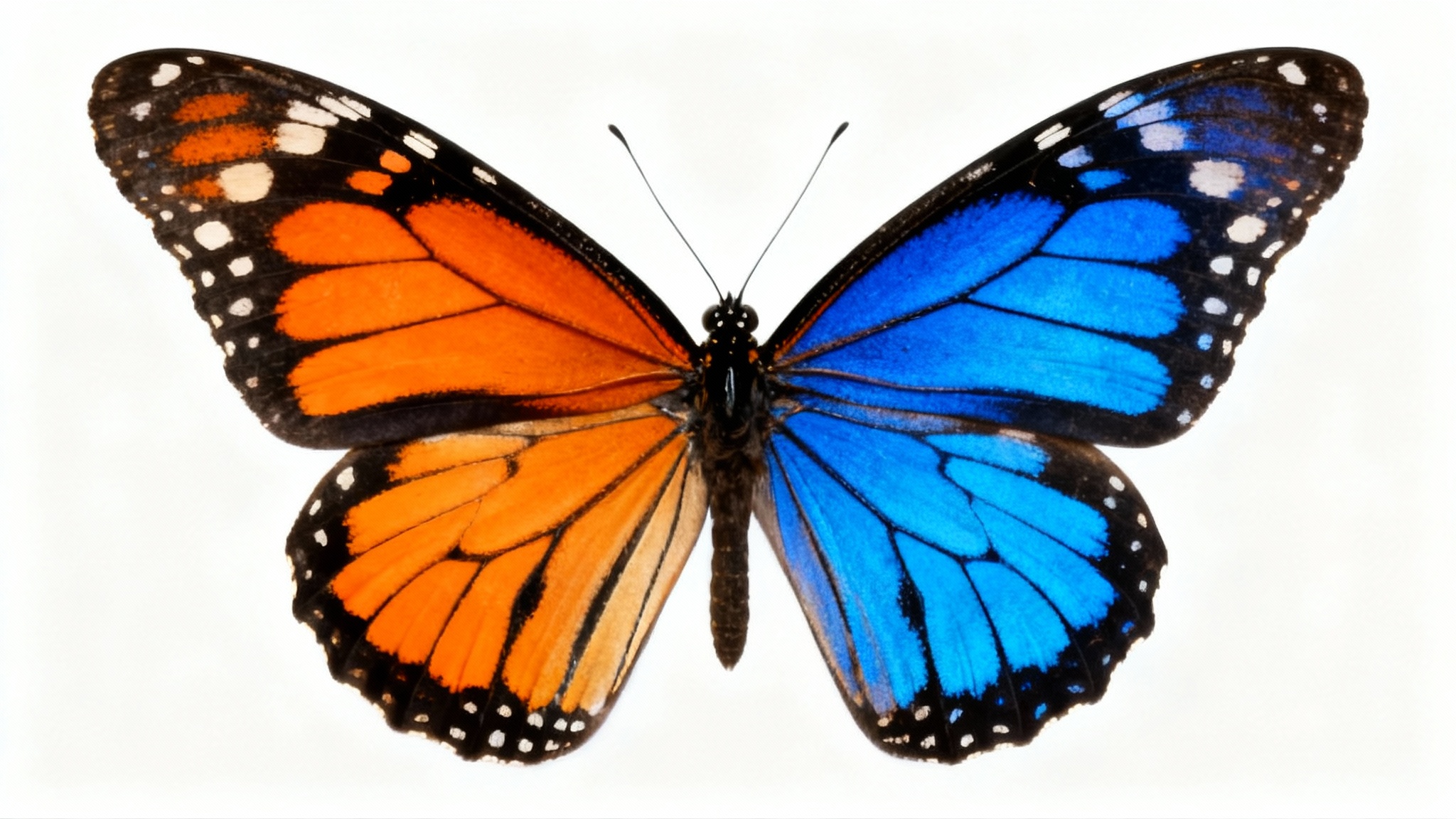 A photorealistic image of a monarch butterfly on a white background, demonstrating a hue shift. The left wing is its natural orange, while the right wing has been color-shifted to a vibrant blue.