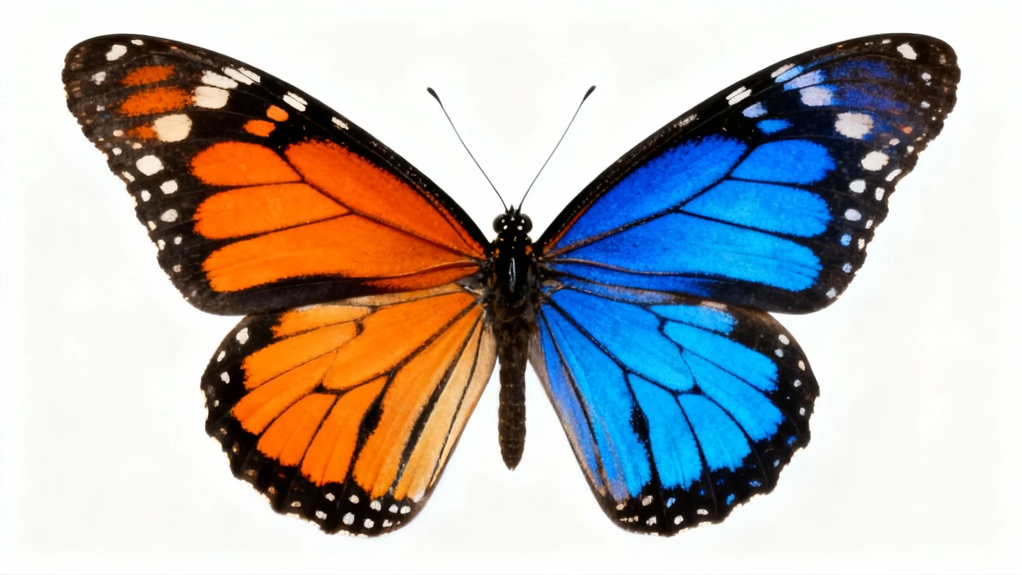 A photorealistic image of a monarch butterfly on a white background, demonstrating a hue shift. The left wing is its natural orange, while the right wing has been color-shifted to a vibrant blue.