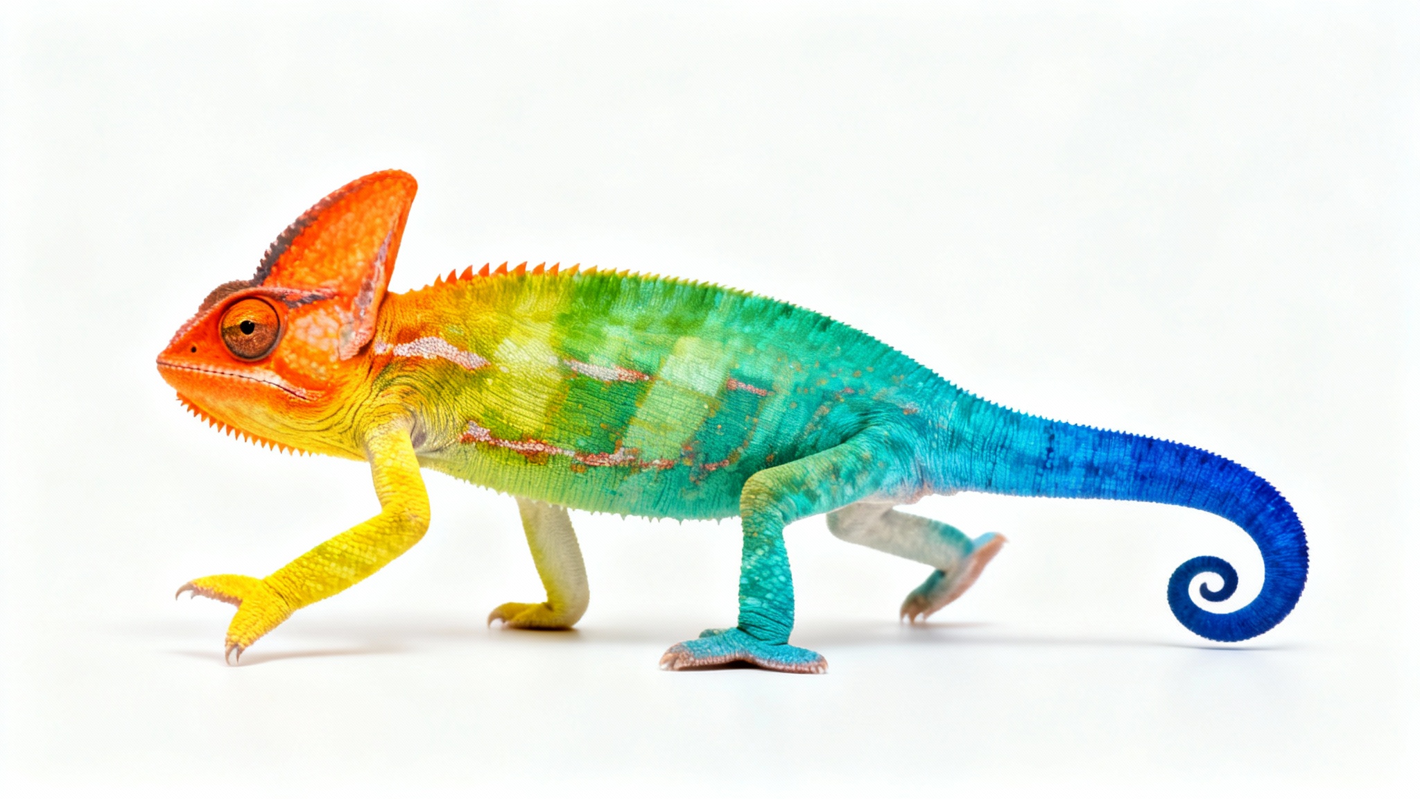 A photorealistic image of a chameleon on a white background, demonstrating a hue shift as its skin color smoothly transitions from fiery orange at its head to deep blue at its tail.