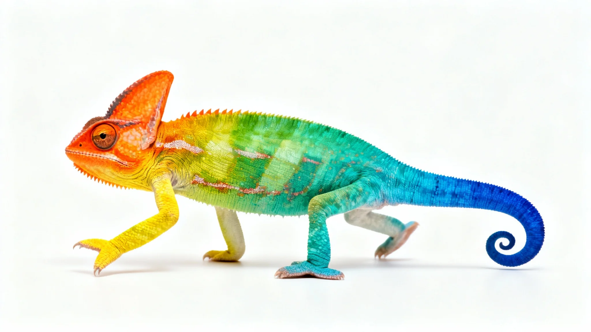 A photorealistic image of a chameleon on a white background, demonstrating a hue shift as its skin color smoothly transitions from fiery orange at its head to deep blue at its tail.