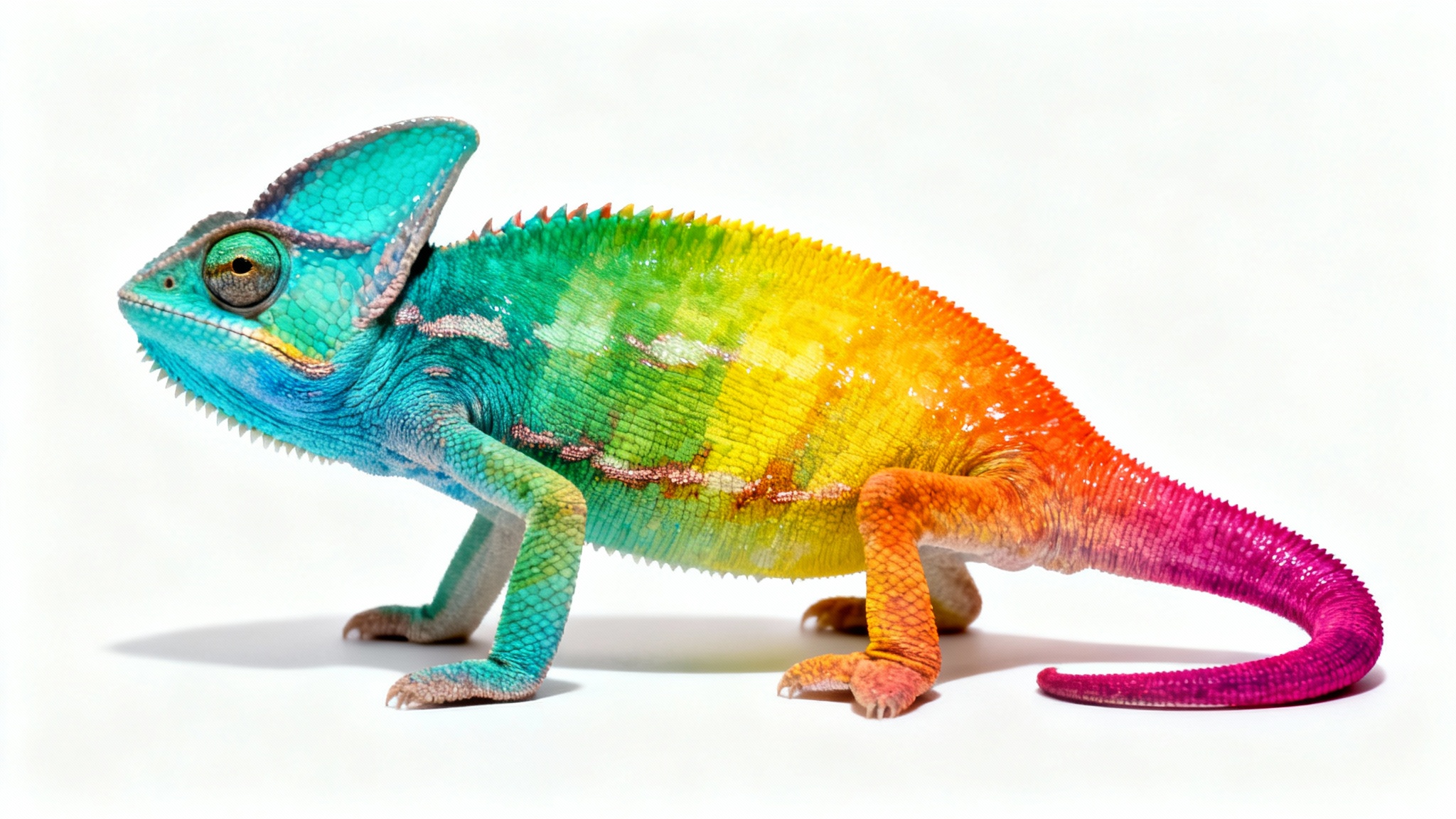 A photorealistic chameleon on a white background, its skin shifting through a rainbow of colors from blue to red, illustrating a hue shift.