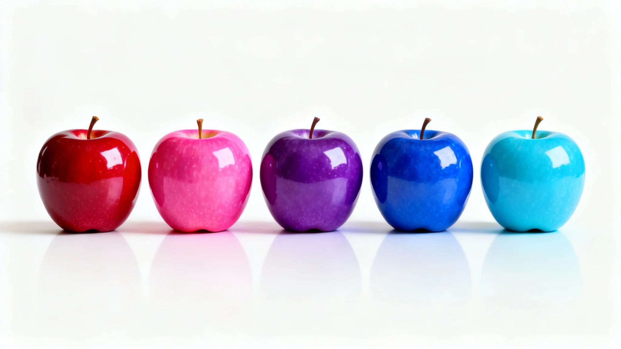 A row of five identical apples on a white background, each a different color transitioning from red to pink, purple, blue, and cyan, illustrating a hue shift.