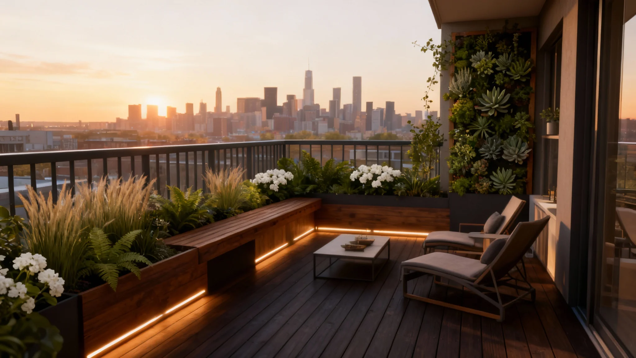 A photorealistic rendering of a professionally designed modern balcony garden at sunset. The space includes sleek wooden decking, built-in planters with lush greenery, a vertical garden wall, and comfortable lounge seating overlooking a city.
