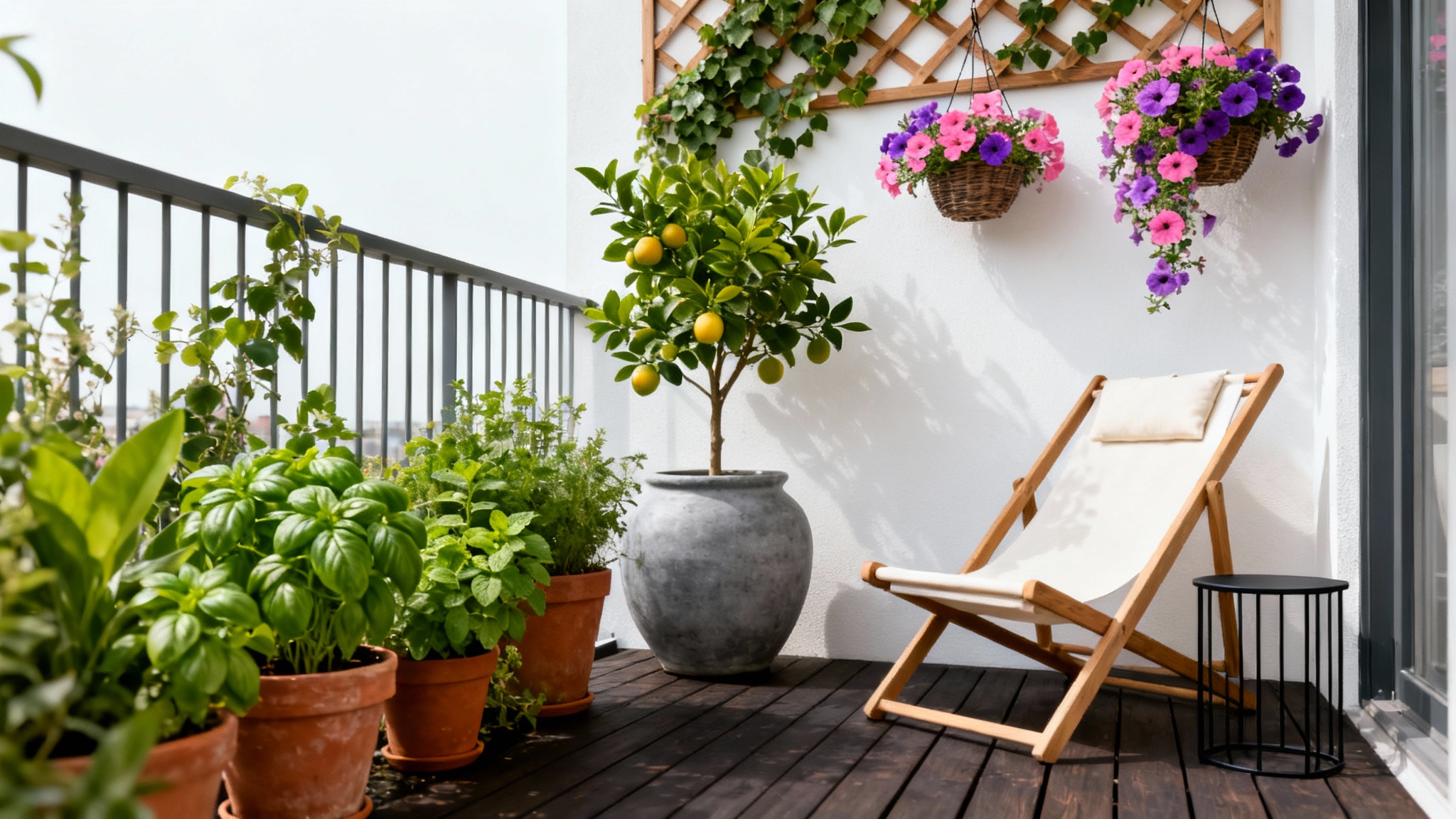 A beautifully designed modern balcony garden with lush plants, a comfortable chair, and wooden decking, shown as a concept against a white background.