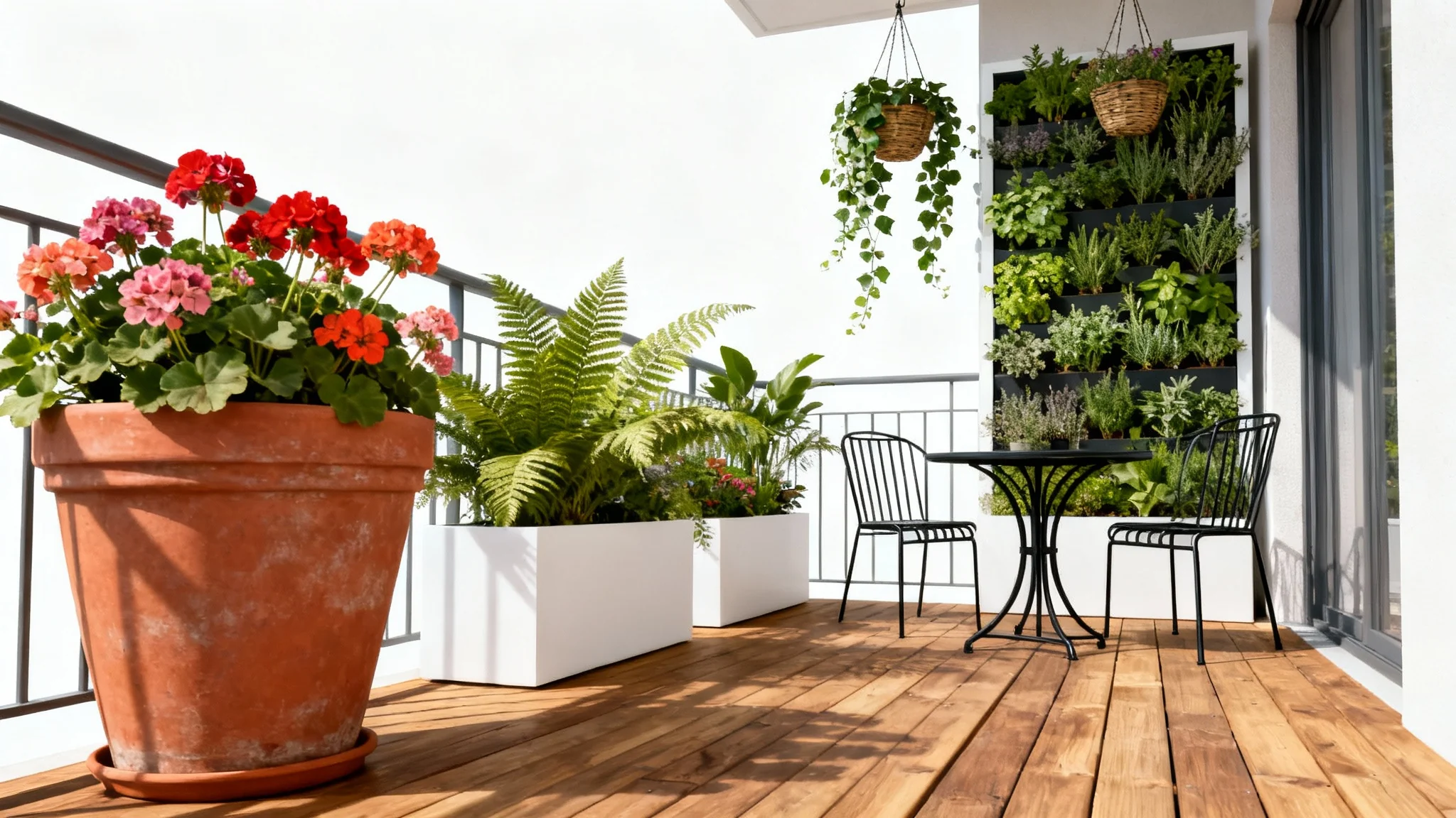 A photorealistic mockup of a modern and lush balcony garden with wooden decking, a small bistro set, and a variety of potted plants, all set against a clean white background.