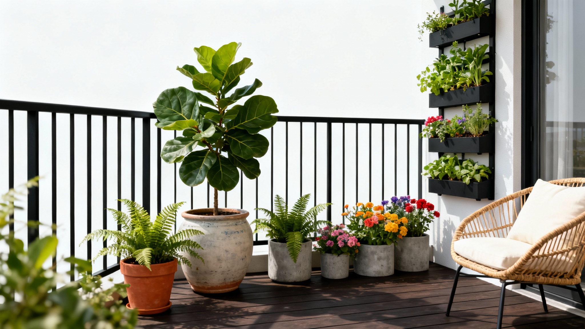 A beautifully designed modern balcony garden with wood flooring, various potted plants, a small tree, and a stylish chair, presented as a mockup on a white background.