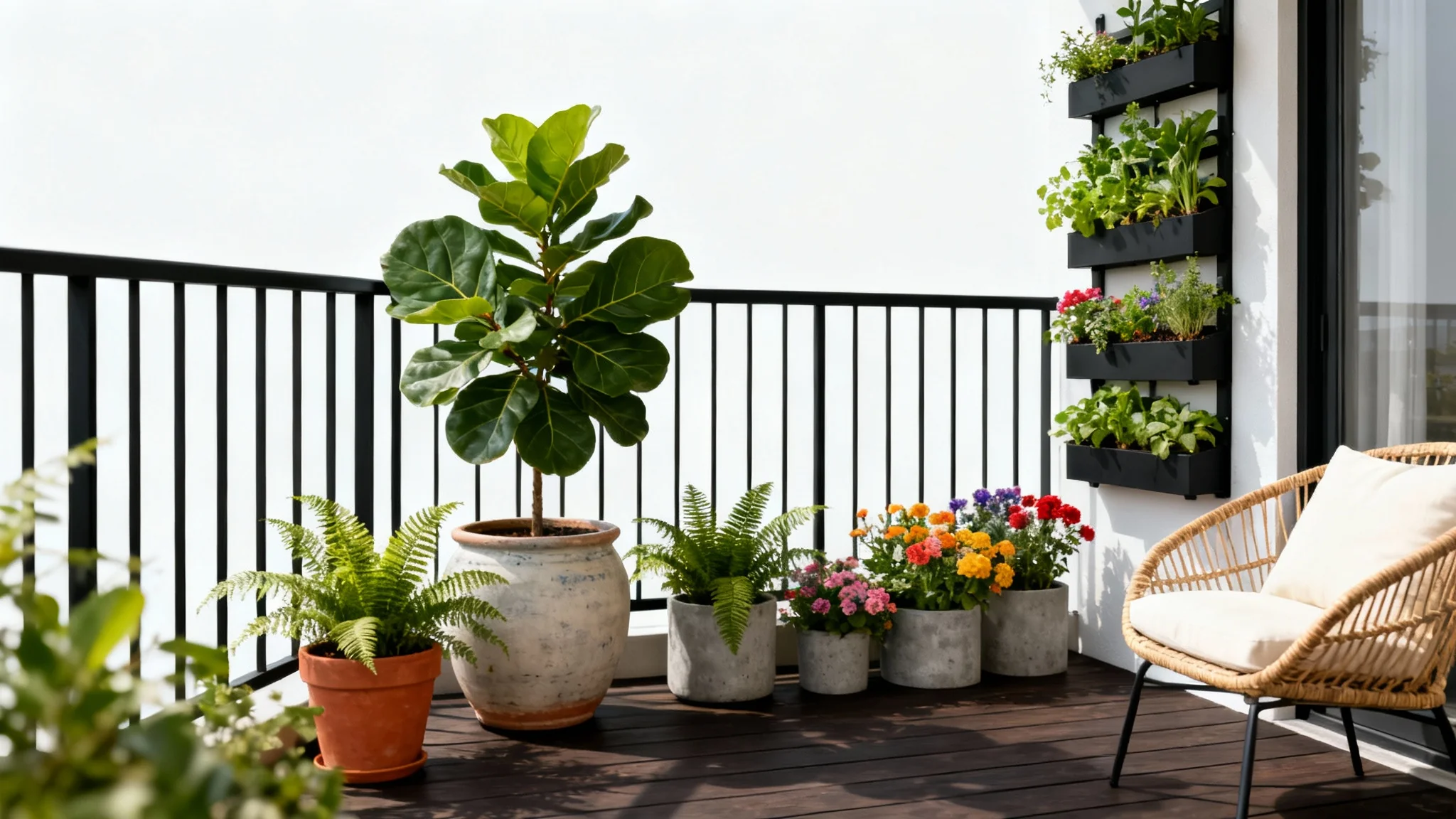 A beautifully designed modern balcony garden with wood flooring, various potted plants, a small tree, and a stylish chair, presented as a mockup on a white background.