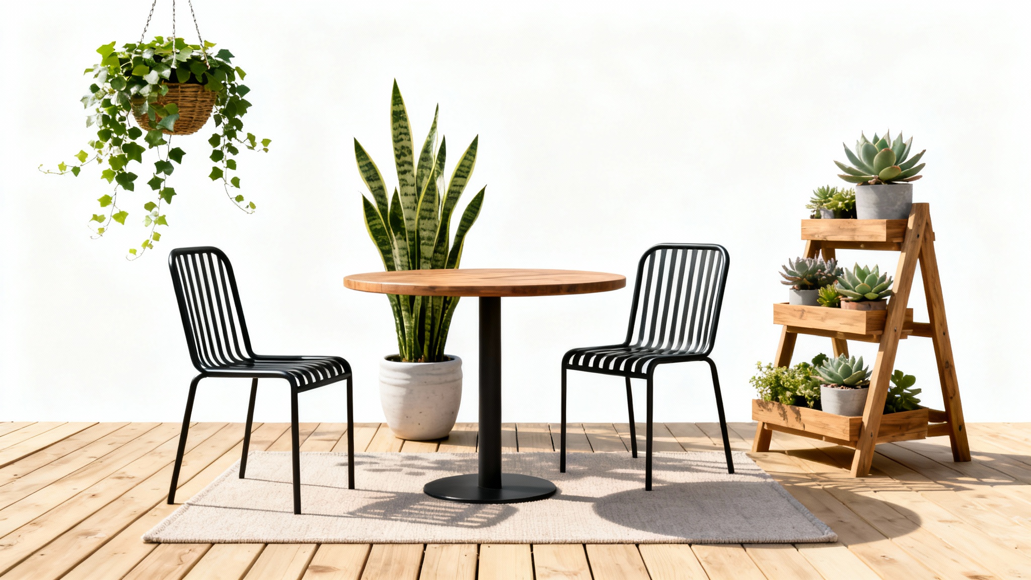 A design mockup of a modern balcony garden featuring lush potted plants, a small wooden table with two chairs, and a light wood deck, all isolated against a clean white background.
