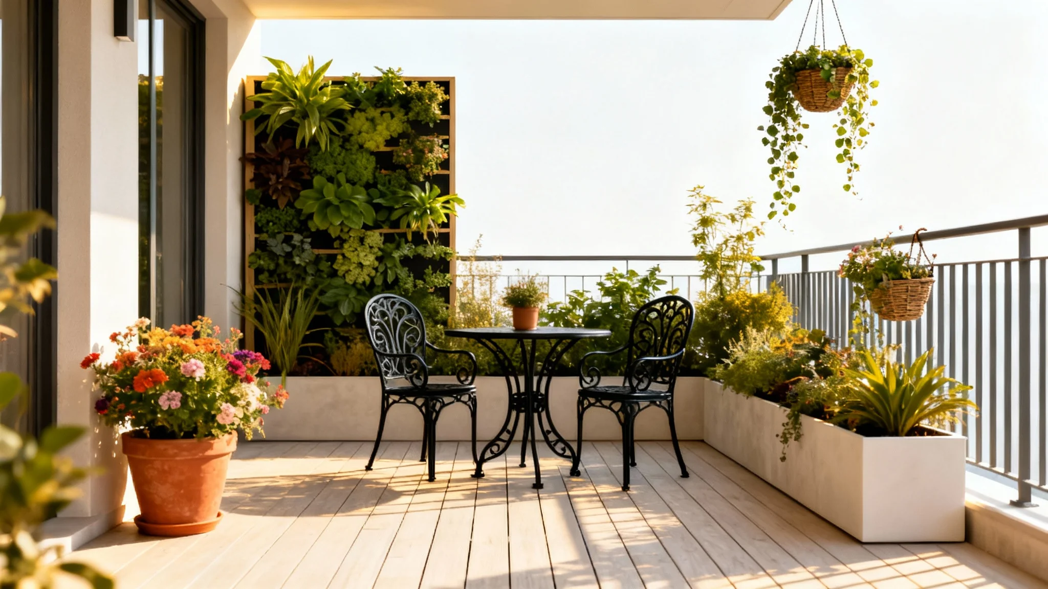 A stunning mockup of a modern balcony garden featuring a small bistro set, wooden decking, and a variety of lush plants in pots and a vertical garden, all against a clean white background.