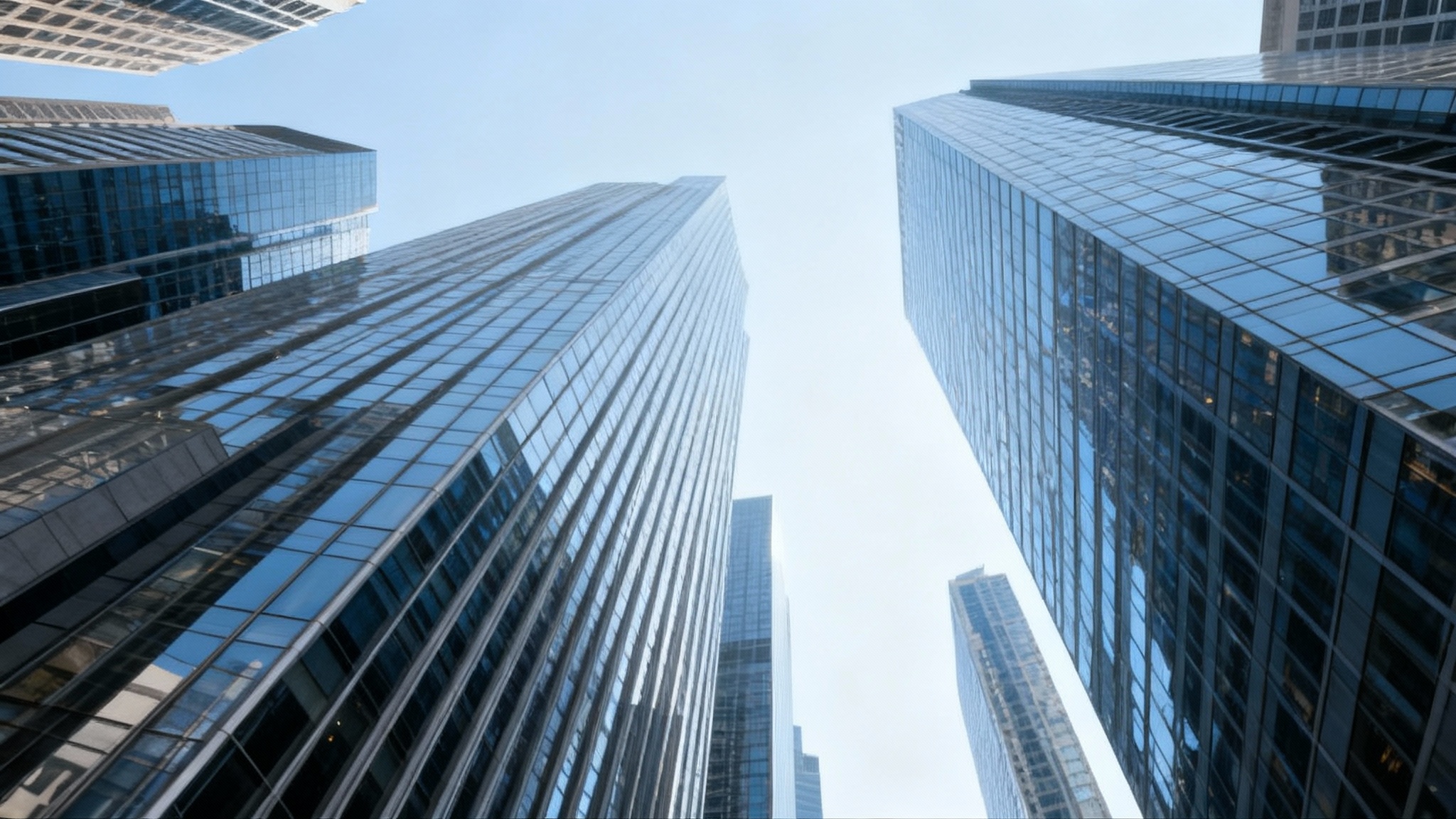 A professionally corrected photograph of a modern city skyline, where the tall buildings stand perfectly straight without any perspective distortion, demonstrating the result of a perspective correction tool.
