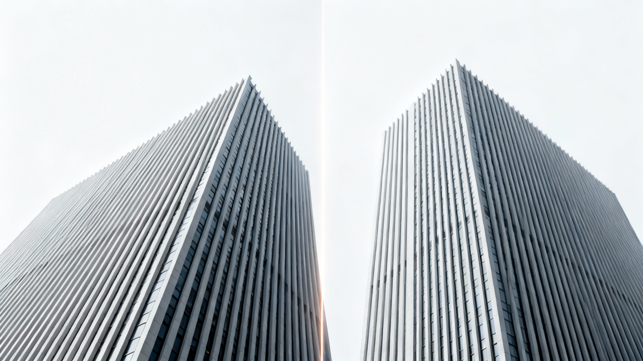 An image demonstrating perspective correction, with the left side showing a distorted building and the right side showing the same building with its perspective corrected and lines straightened.