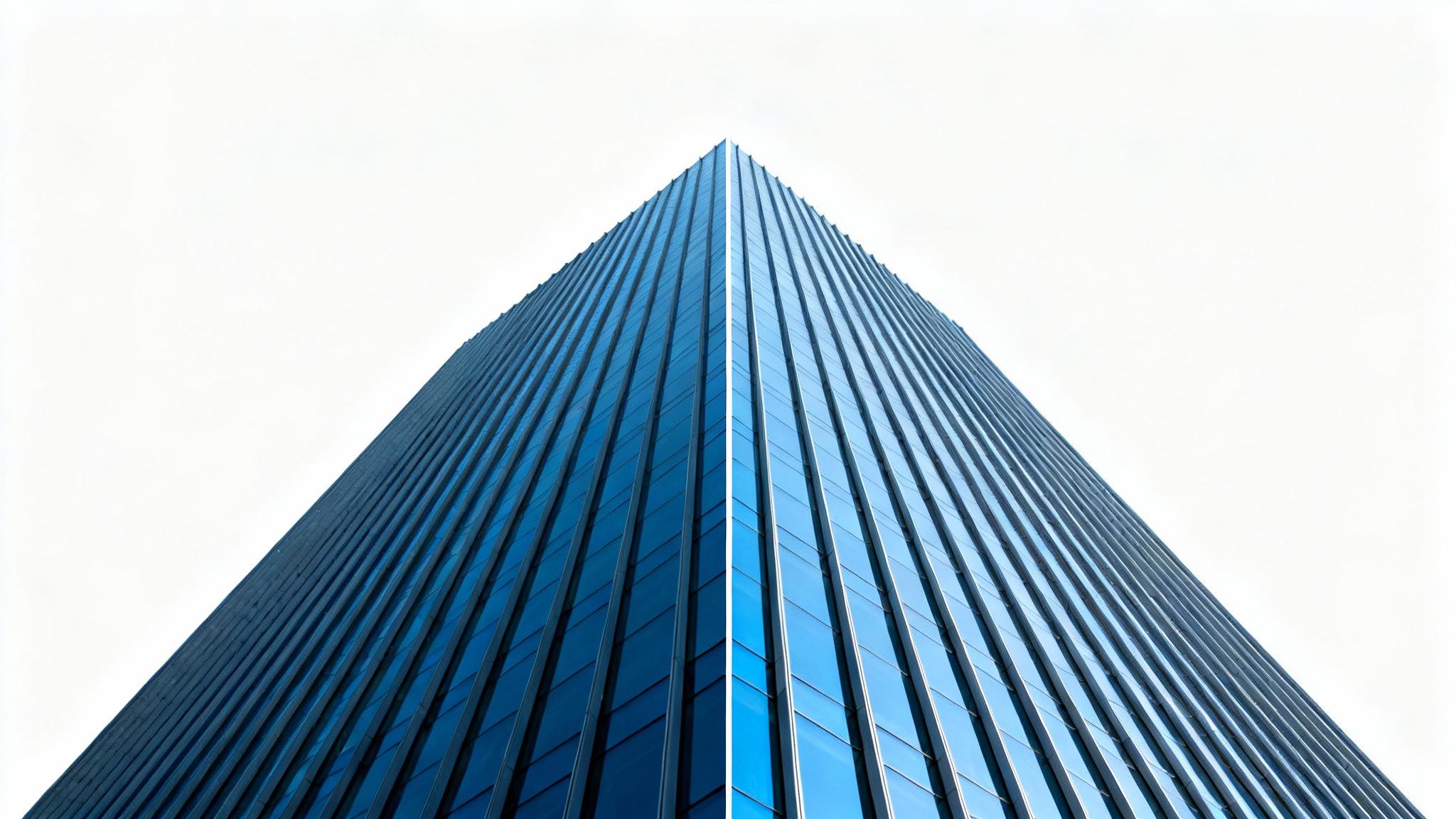 A conceptual image of a skyscraper split in half to show perspective correction; the left side is distorted, and the right side is geometrically straight and accurate.