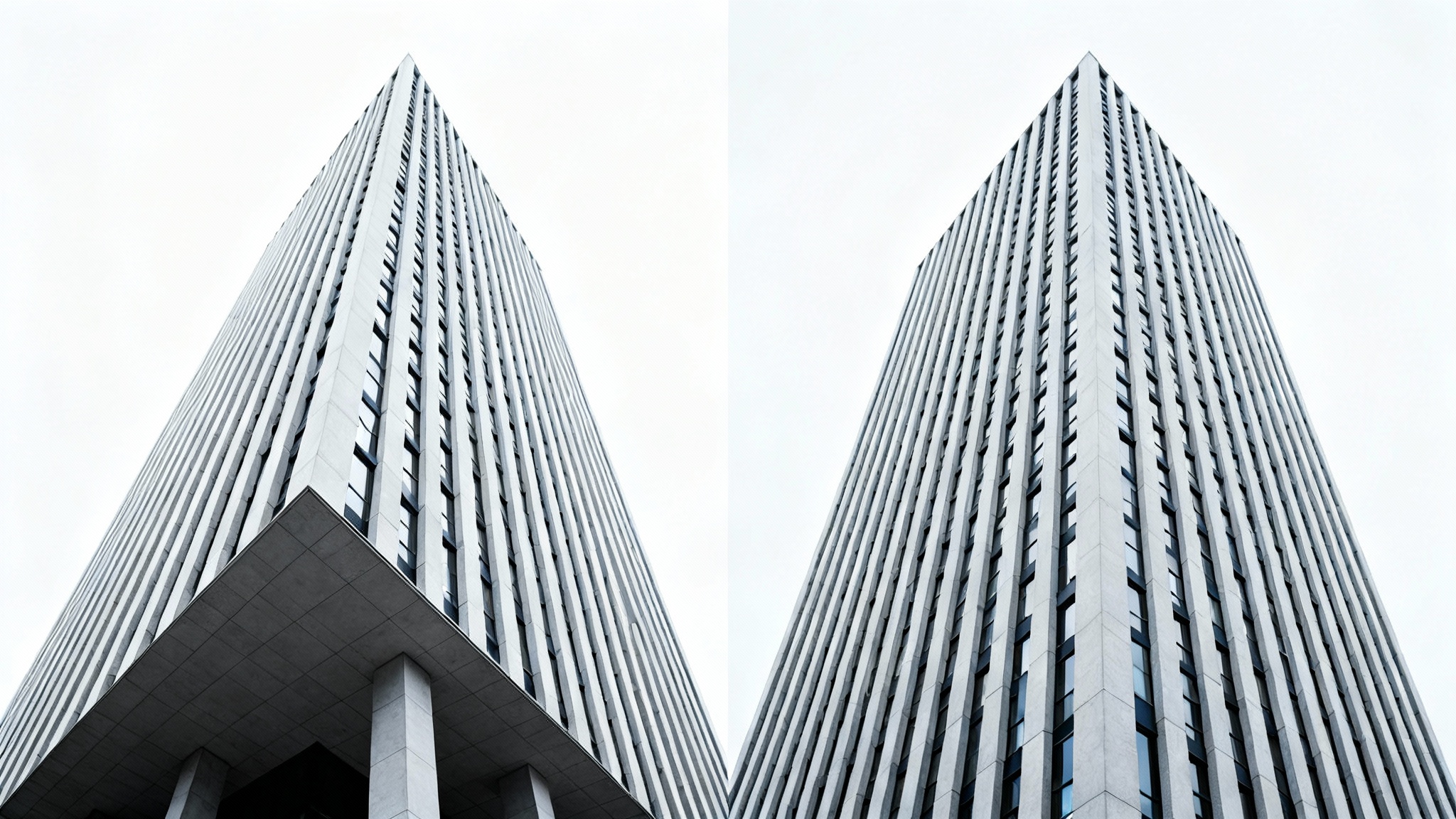 A before-and-after comparison image demonstrating perspective correction on a tall building. The 'before' image shows a distorted, leaning building, while the 'after' image shows the same building with perfectly straight, vertical lines.
