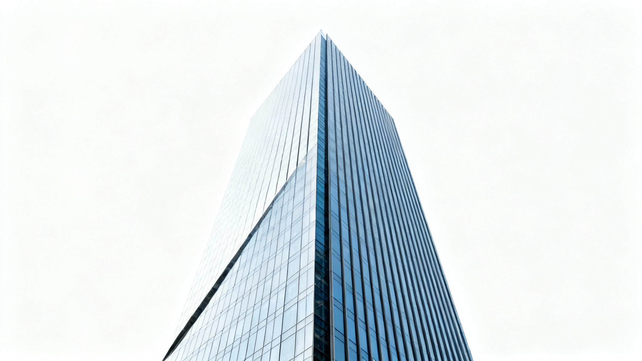 A split-view image demonstrating perspective correction on a skyscraper. The left side shows the building with distorted, converging lines, while the right side shows the same building with perfectly straight, corrected vertical lines, all against a white background.