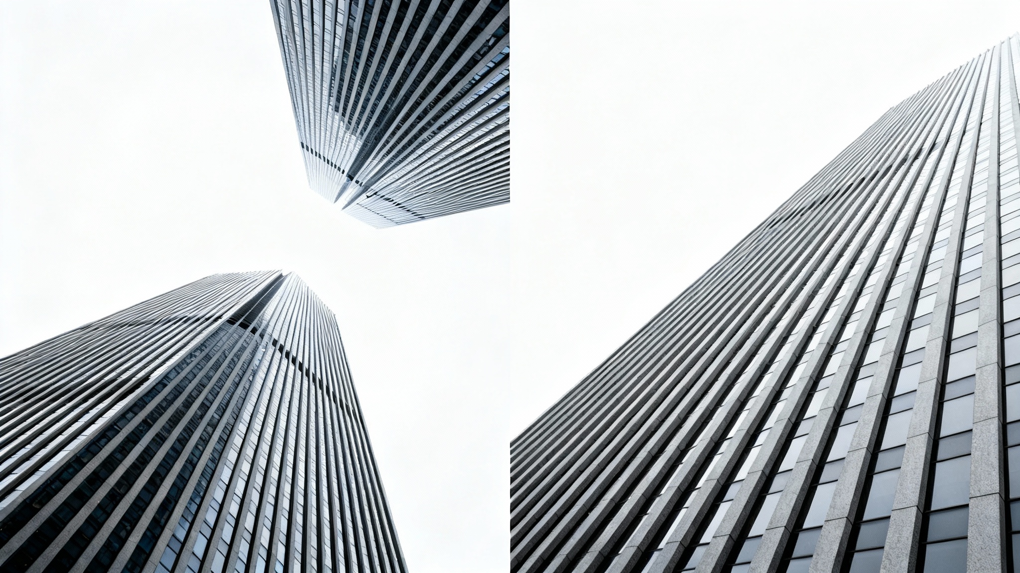 A split-screen image showing the effect of perspective correction on a photograph of a tall building. The 'before' side has distorted converging lines, while the 'after' side shows perfectly straight vertical lines.