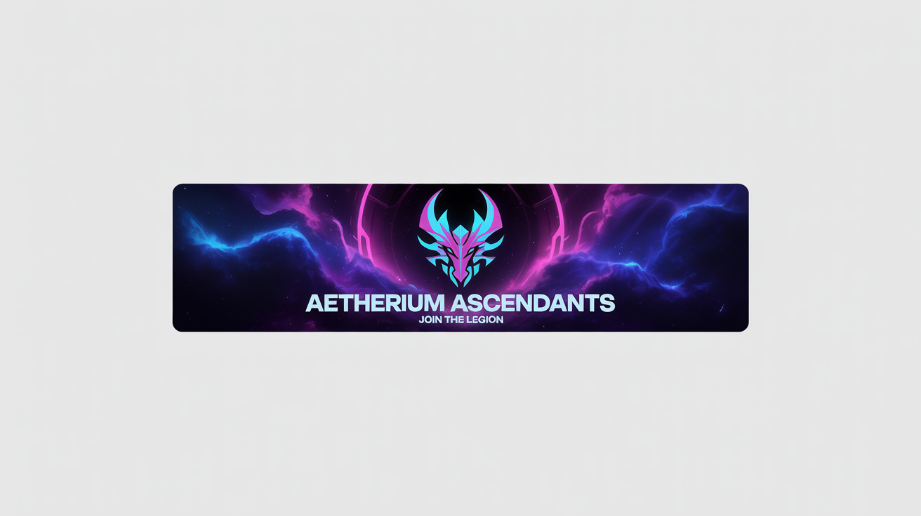 A custom Discord server banner mockup with a futuristic space theme. It features a glowing neon dragon emblem and the text 'AETHERIUM ASCENDANTS' and 'JOIN THE LEGION' on a purple and blue nebula background.