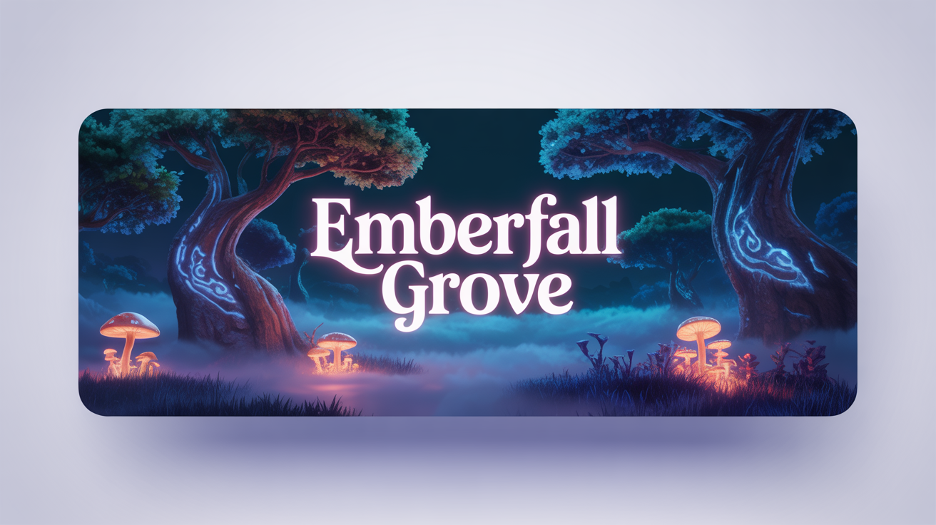 A mockup of a custom Discord banner featuring a digital painting of an enchanted forest with glowing trees and the text 'Emberfall Grove'.
