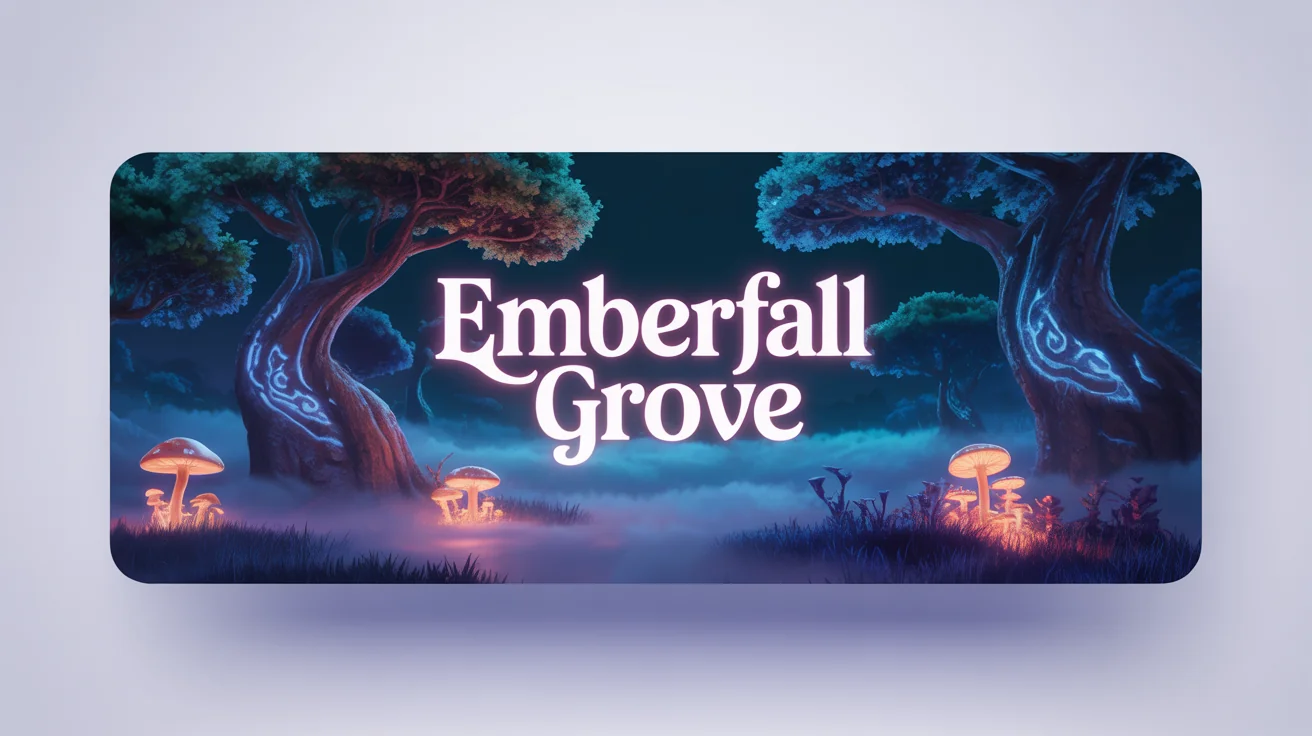 A mockup of a custom Discord banner featuring a digital painting of an enchanted forest with glowing trees and the text 'Emberfall Grove'.