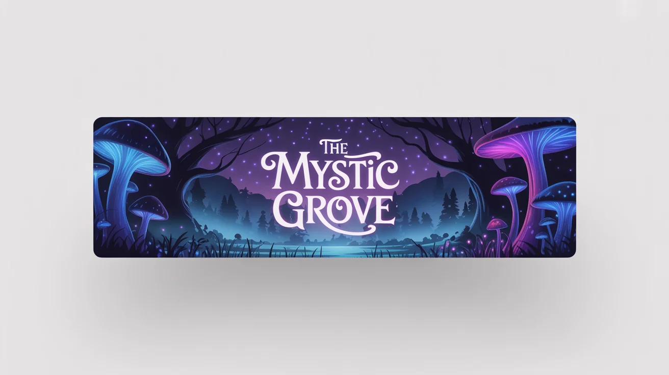 A mockup of a custom Discord server banner with a mystical forest theme, featuring luminous mushrooms and the text 'The Mystic Grove' on a white background.