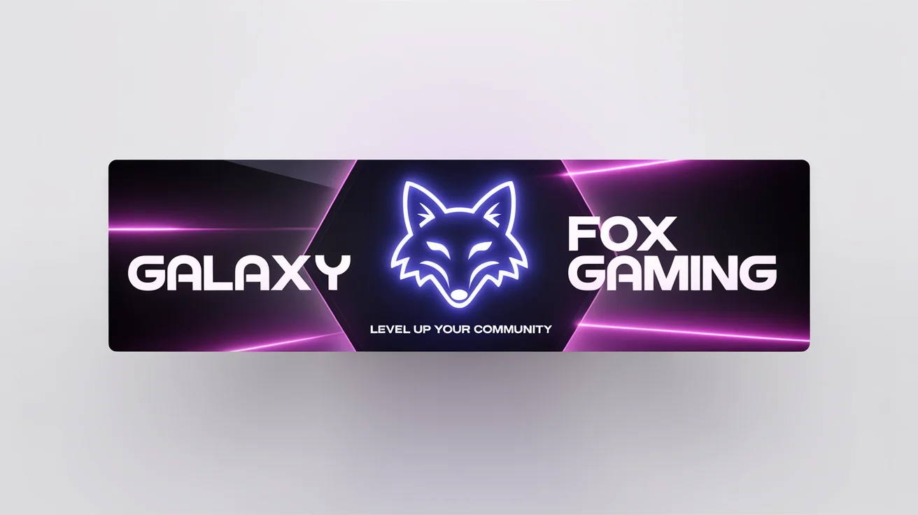 A mockup of a custom Discord server banner with a futuristic gaming theme, featuring a neon fox logo and the text 'GALAXY FOX GAMING' and 'LEVEL UP YOUR COMMUNITY' on a solid white background.