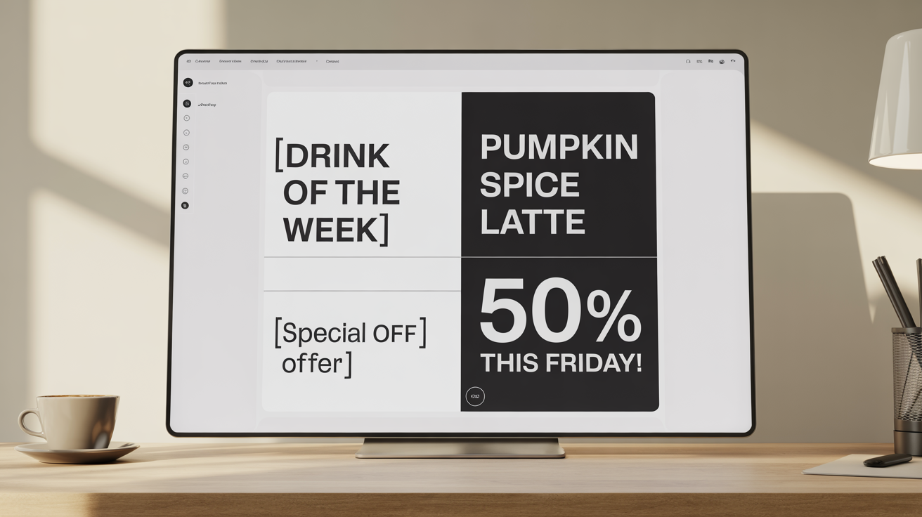 A before-and-after image demonstrating a text replacement tool. The left shows a design template with placeholder text, and the right shows the same design with the final text 'Pumpkin Spice Latte' and '50% Off This Friday!'.