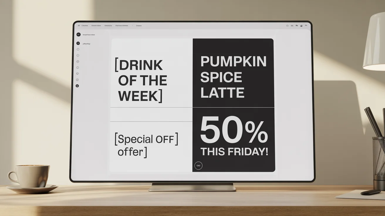 A before-and-after image demonstrating a text replacement tool. The left shows a design template with placeholder text, and the right shows the same design with the final text 'Pumpkin Spice Latte' and '50% Off This Friday!'.