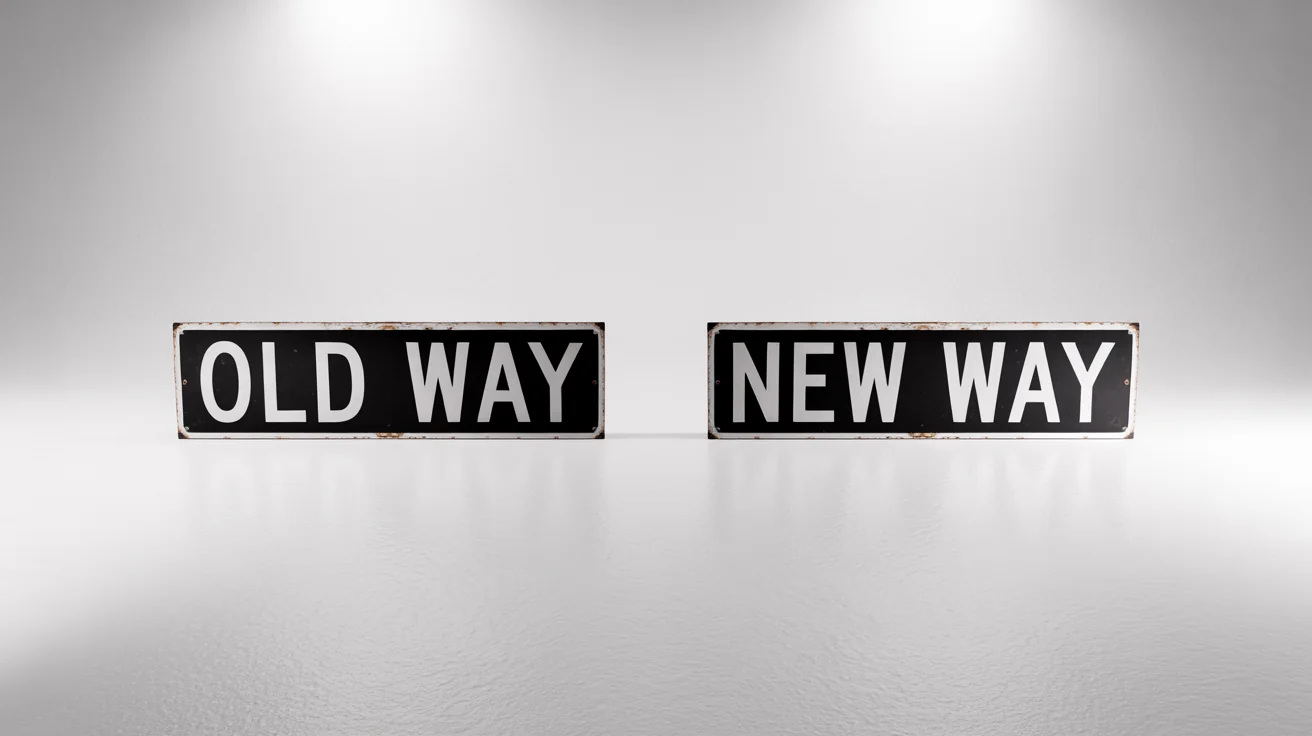 A before-and-after image showing text replacement. On the left, a red street sign reads 'OLD WAY'. On the right, the same sign has been changed to read 'NEW WAY', illustrating the concept of easily replacing text.