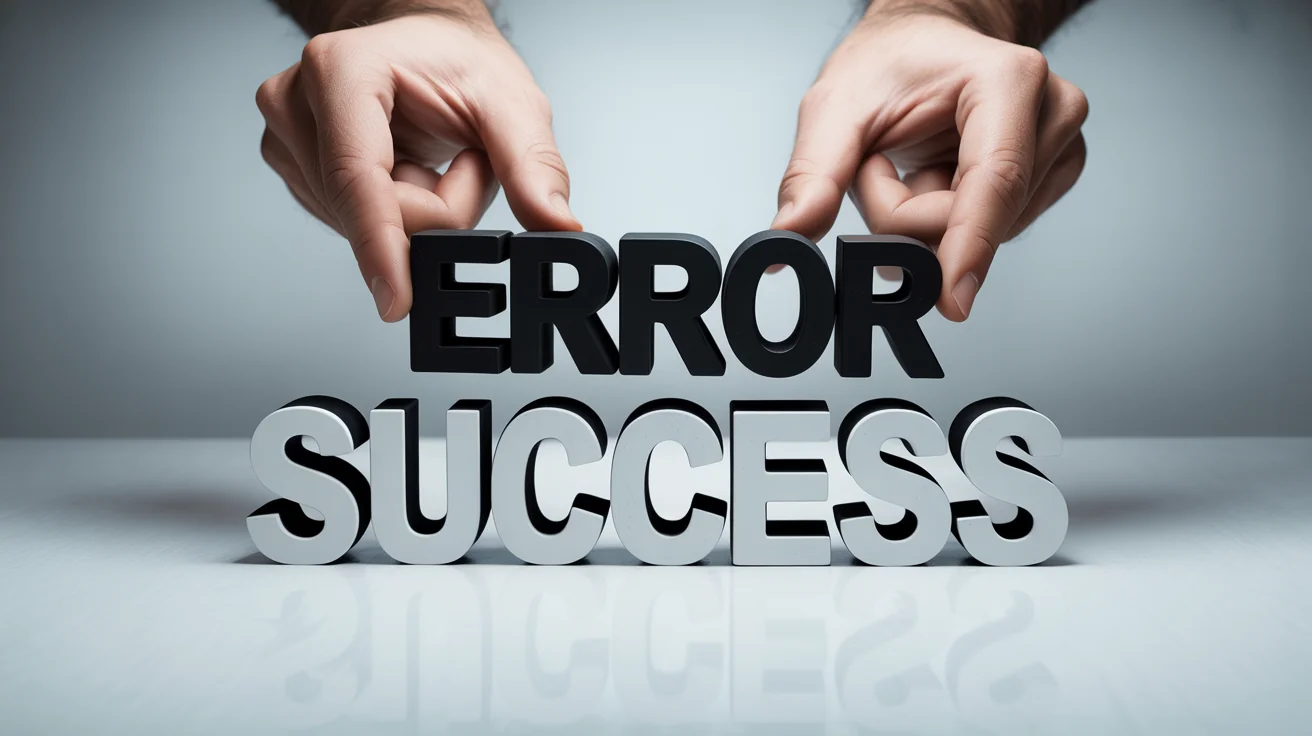 A close-up shot of hands replacing a 3D block that says 'ERROR' with one that says 'SUCCESS' on a clean white background, illustrating the concept of text replacement.