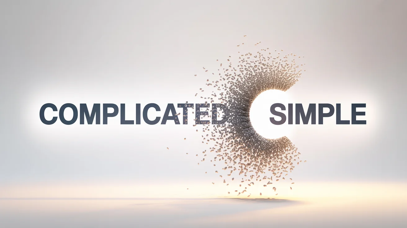 A visual metaphor for replacing text, where the word 'COMPLICATED' on a white background is dissolving and transforming into the word 'SIMPLE'.