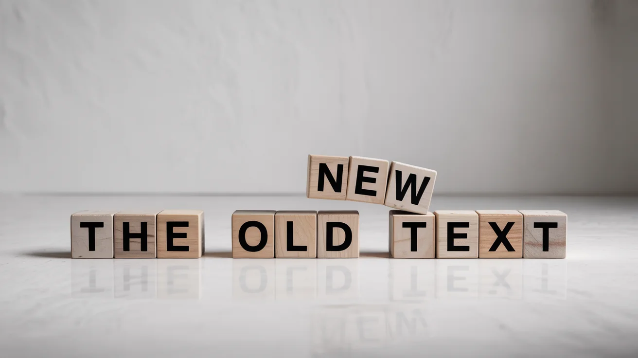 A conceptual image showing wooden blocks on a white background. The blocks spell out 'THE OLD TEXT', but the block with 'OLD' is being swapped out for a block with 'NEW', visually representing the action of replacing text.