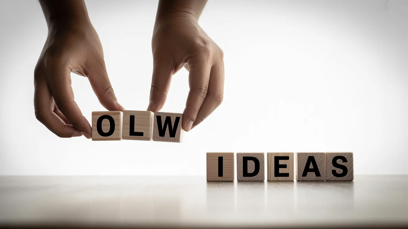 A close-up image showing hands replacing a wooden block with the word "OLD" with a new block that says "NEW" to change the phrase "OLD IDEAS" to "NEW IDEAS", symbolizing the concept of text replacement.