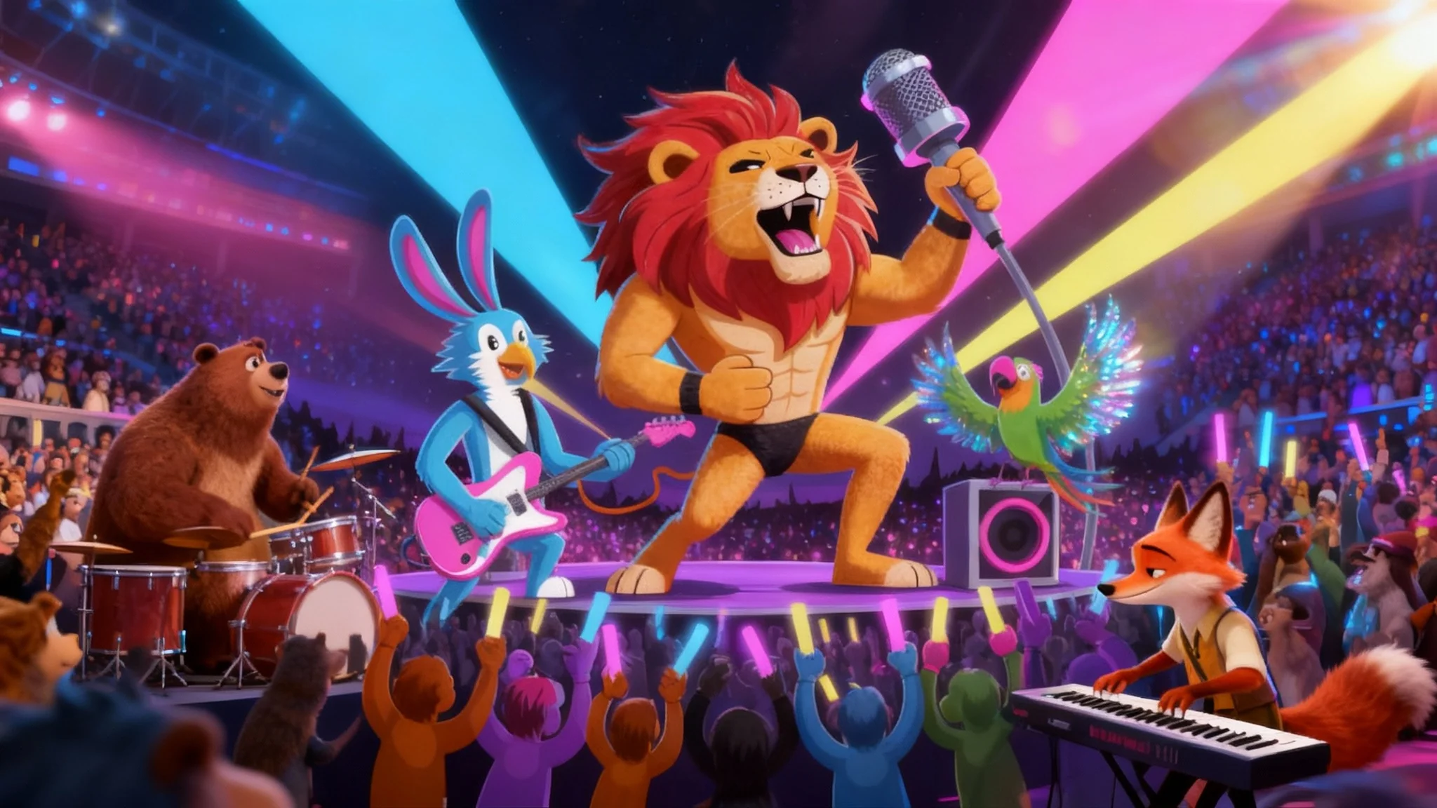 A final render from a 3D animation showing an animal rock band on a concert stage. A lion sings passionately into a microphone, a rabbit plays electric guitar, and the stage is lit with vibrant, colorful spotlights.