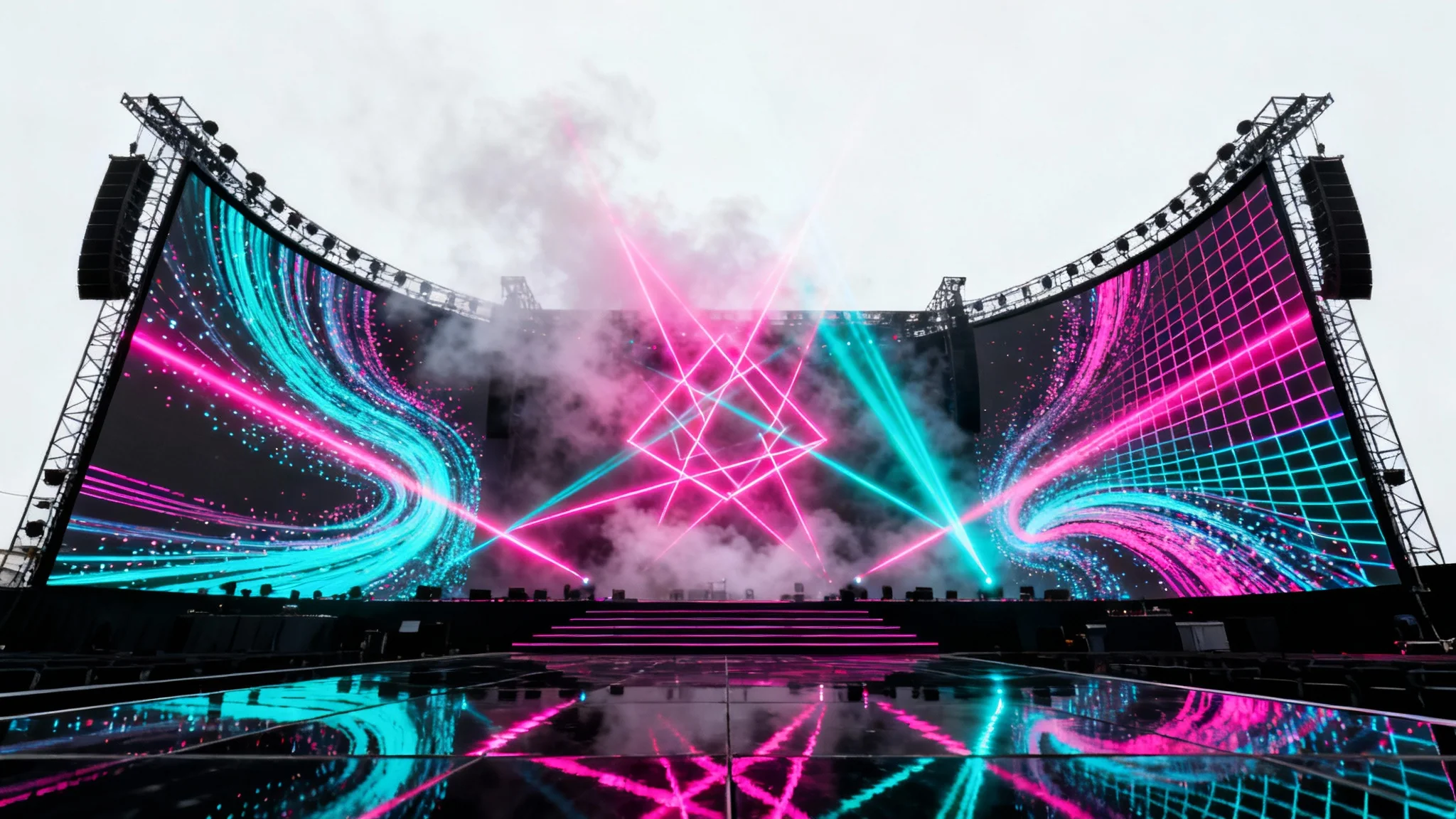A photorealistic mockup of a massive concert stage featuring a vibrant, animated light show with lasers and large LED screens, all isolated on a clean white background.