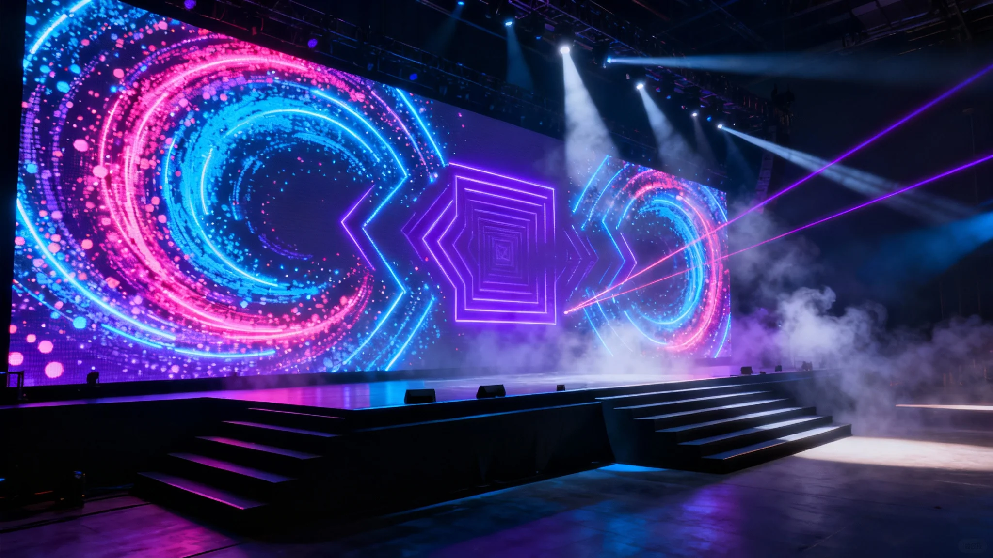 A state-of-the-art concert stage viewed from the front, illuminated by a spectacular animated light show on massive LED screens featuring swirling neon blue and pink patterns. Beams of light fill the dark, hazy atmosphere.