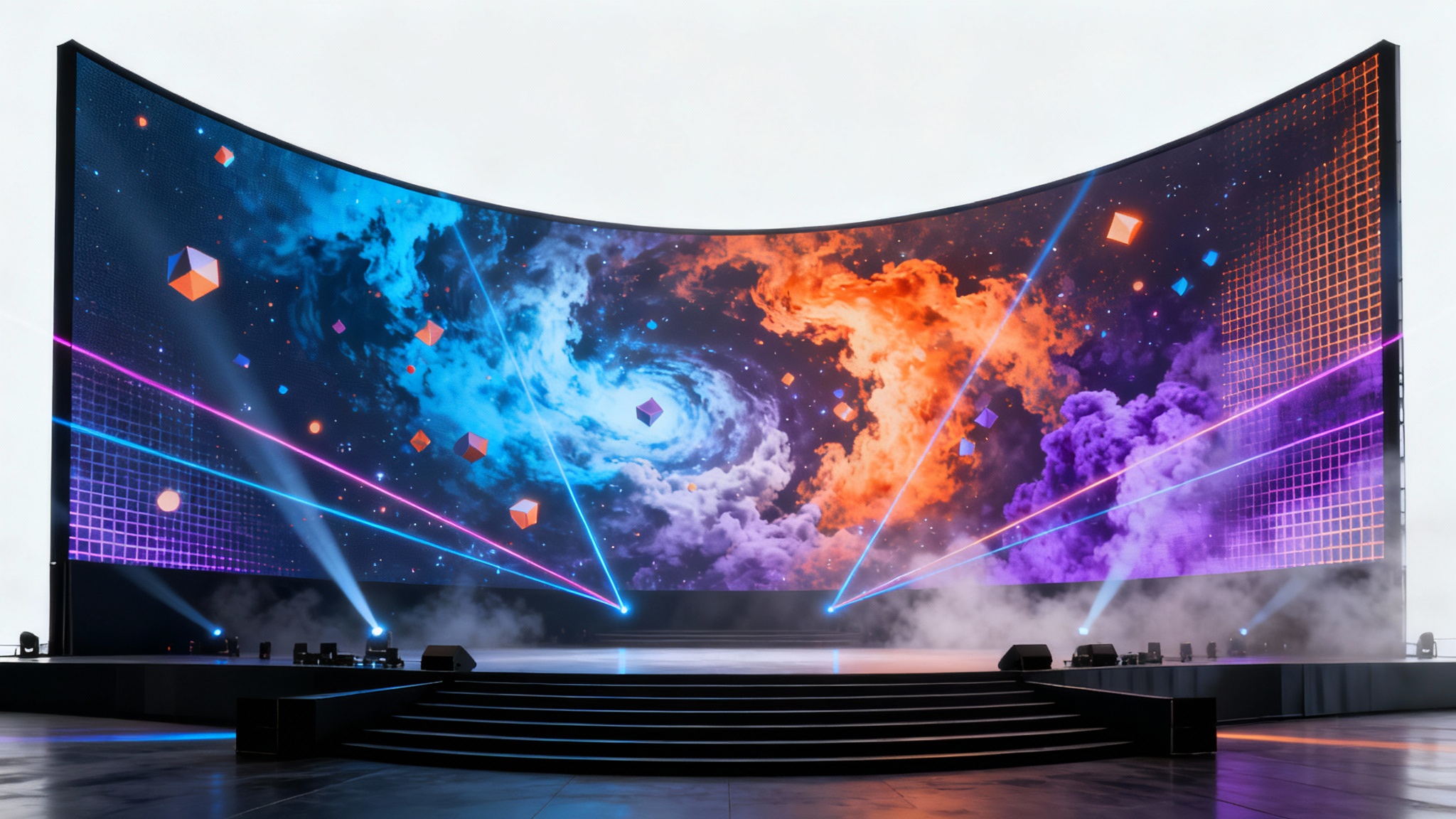 An epic, empty concert stage with a massive animated LED screen displaying abstract visuals and dramatic lighting, presented as a mockup on a white background.