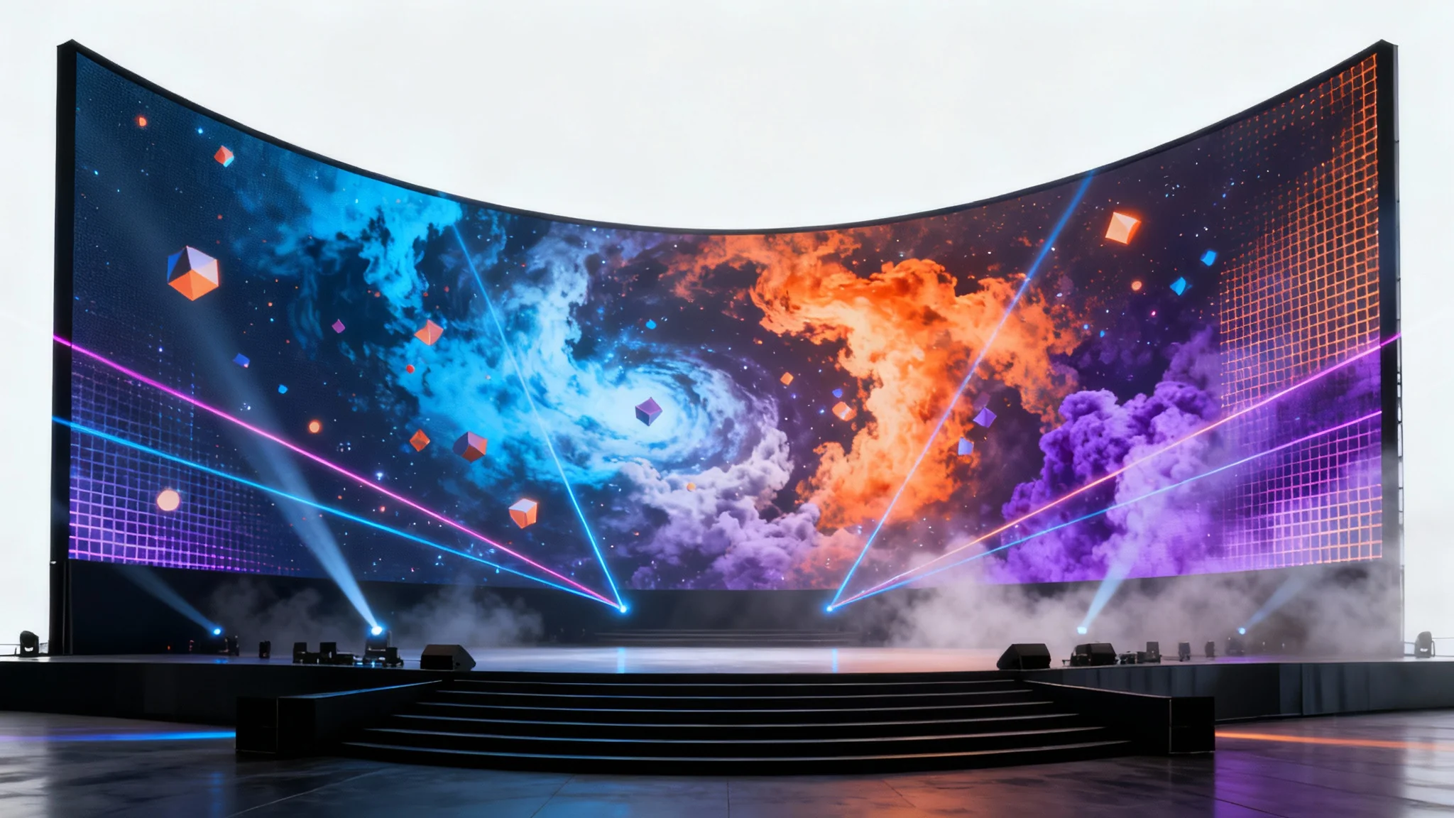 An epic, empty concert stage with a massive animated LED screen displaying abstract visuals and dramatic lighting, presented as a mockup on a white background.