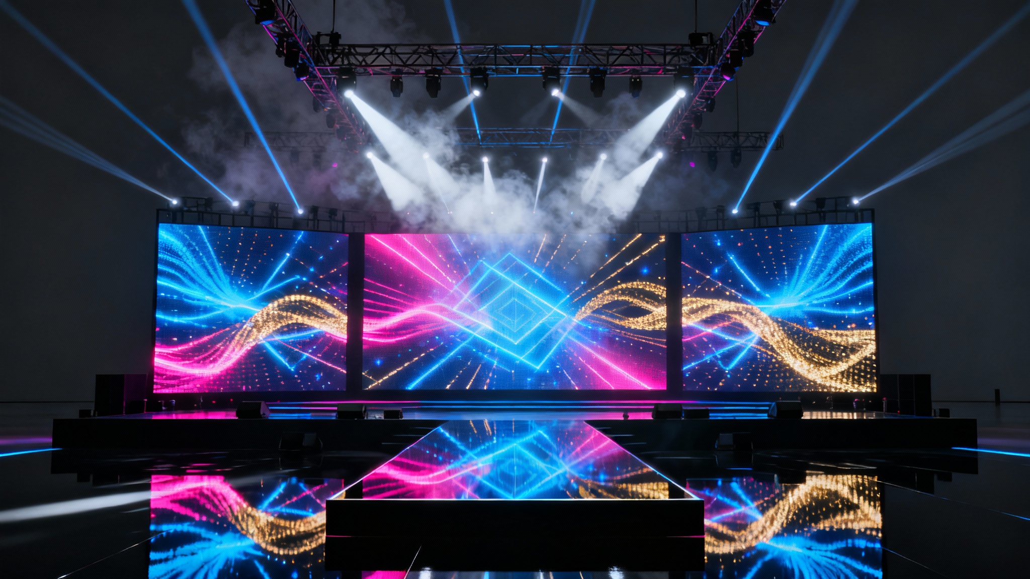 A photorealistic image of a futuristic concert stage, empty of people, with massive LED screens showing abstract blue and pink animations, and volumetric laser beams cutting through a hazy atmosphere.