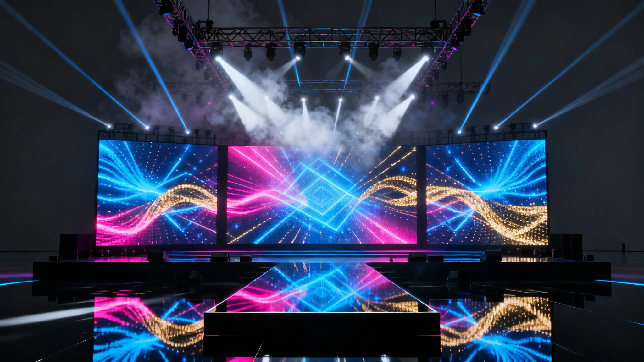 A photorealistic image of a futuristic concert stage, empty of people, with massive LED screens showing abstract blue and pink animations, and volumetric laser beams cutting through a hazy atmosphere.