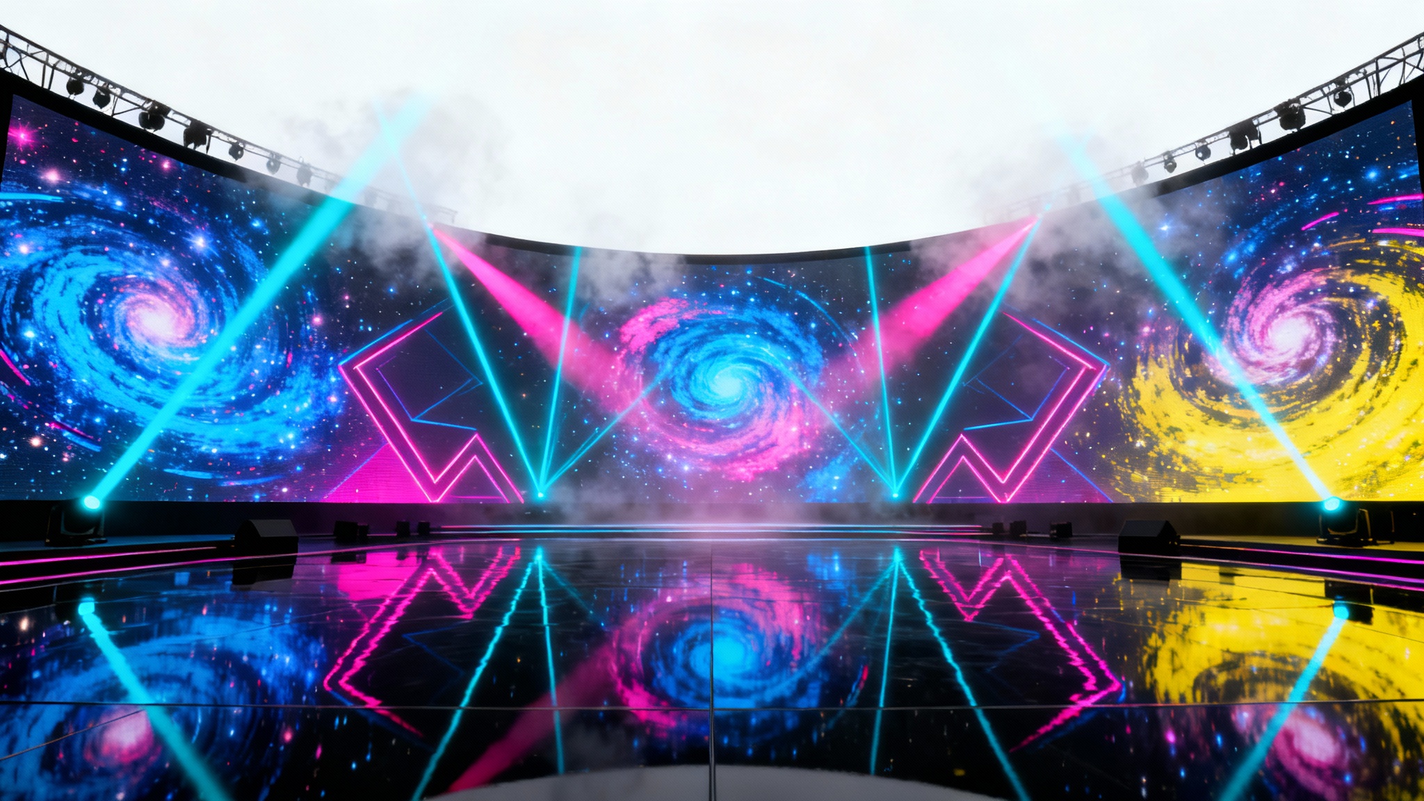 An empty, futuristic concert stage with a massive, curved LED screen showing vibrant, abstract animations and dramatic laser lights, all set against a clean white background.