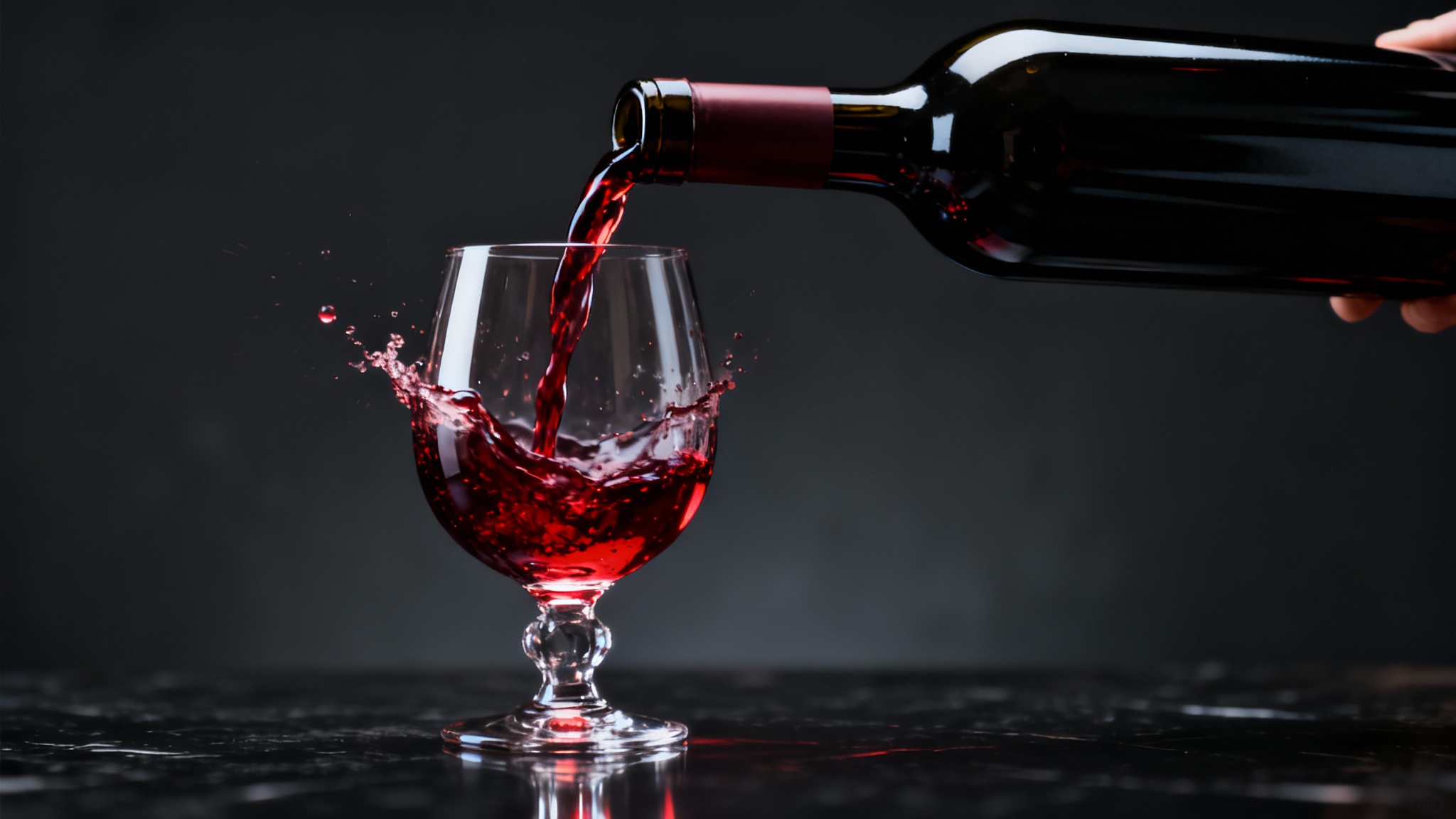 A dramatic, professional photograph of red wine being poured into a glass, captured with high-speed photography against a dark, moody background.
