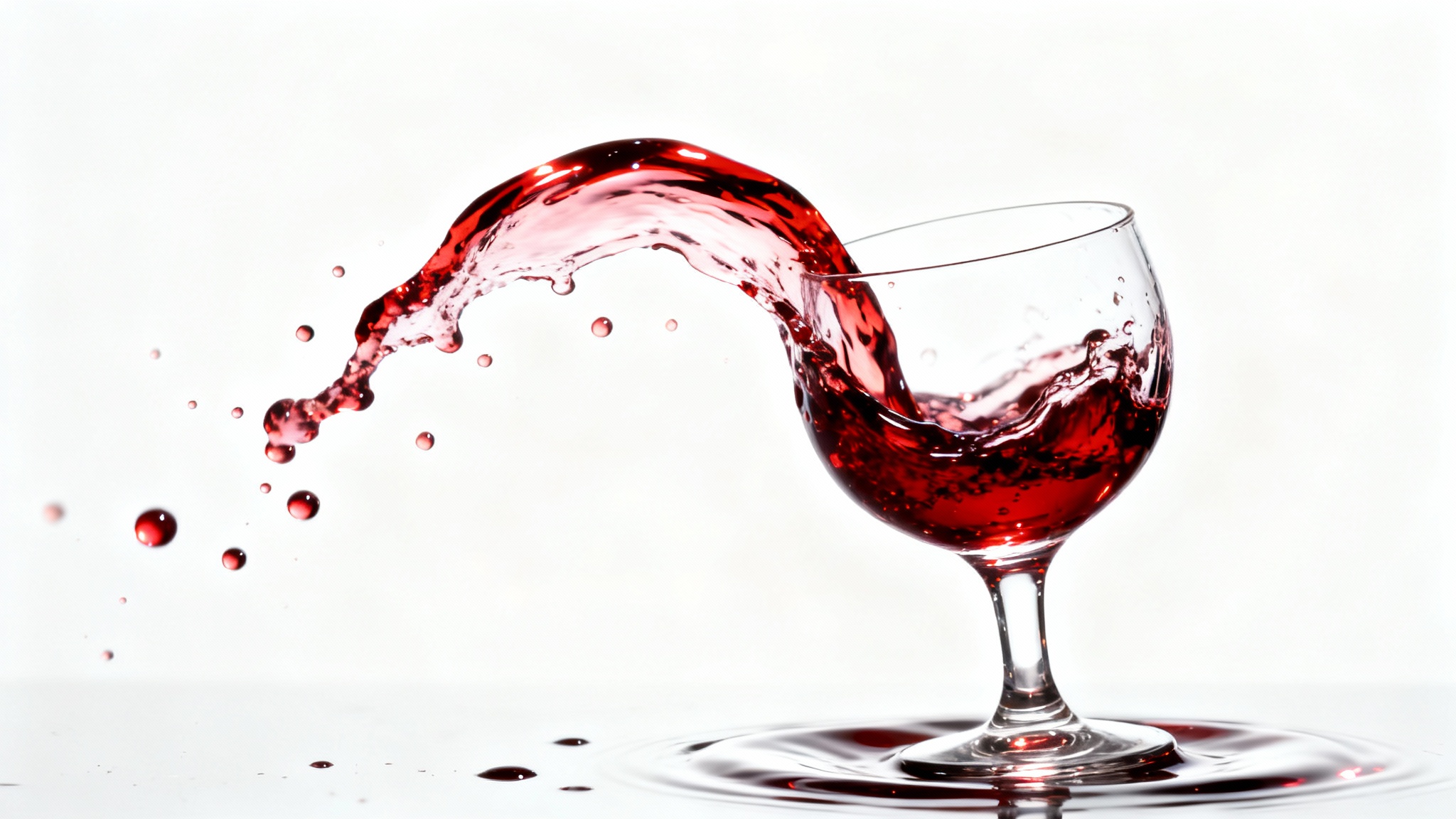 A close-up, high-speed photograph of red wine being poured into a crystal glass, creating a dynamic splash, all set against a stark white background.
