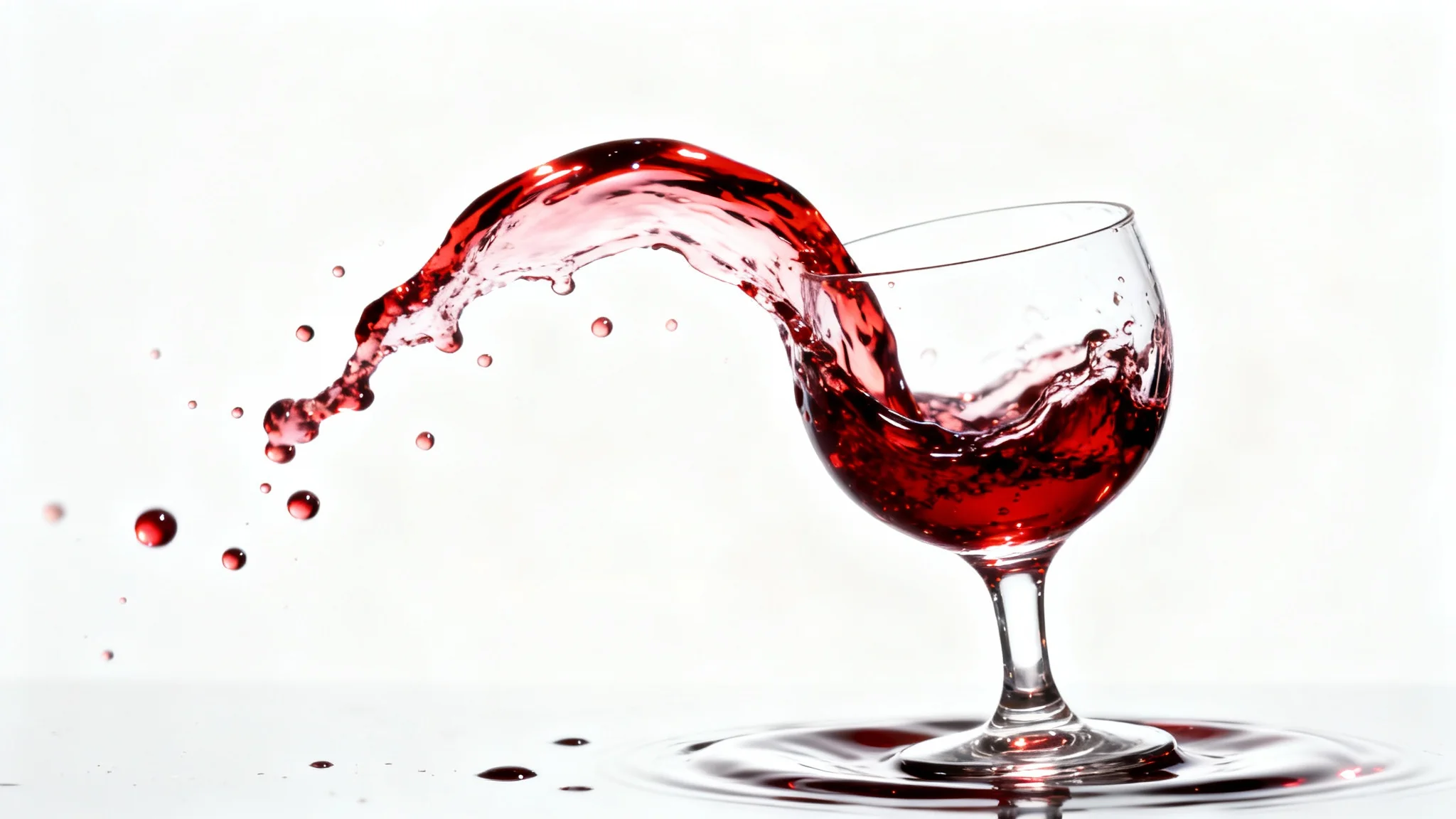 A close-up, high-speed photograph of red wine being poured into a crystal glass, creating a dynamic splash, all set against a stark white background.