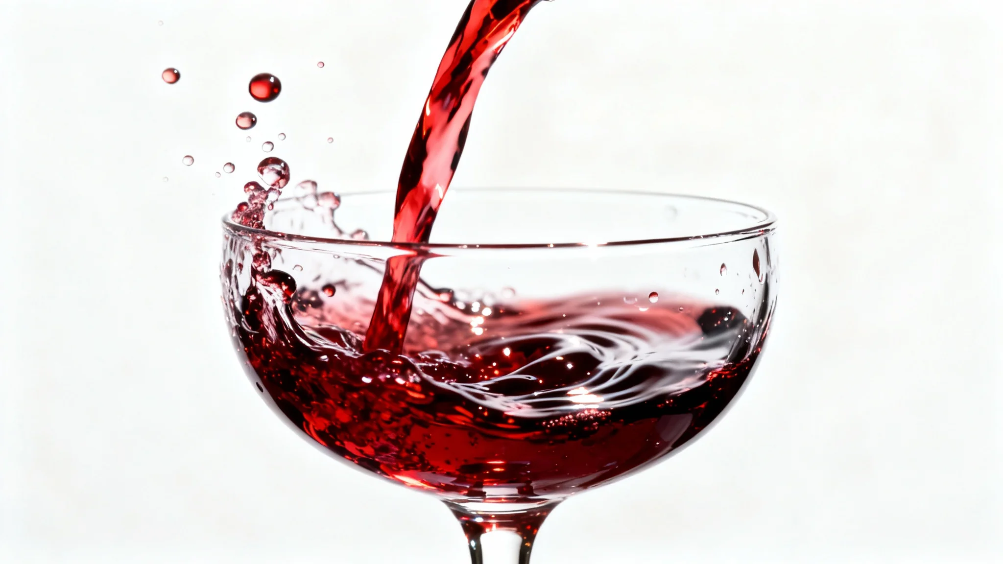 A hyper-realistic, high-speed photograph of red wine being poured into a crystal glass, creating a dramatic splash, isolated against a pure white background.