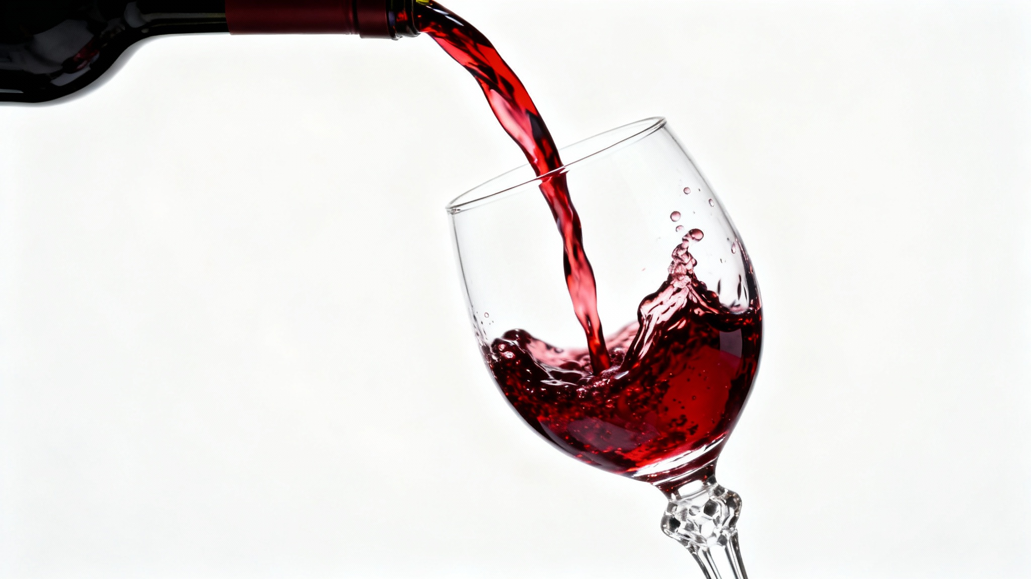 A dynamic and elegant close-up photograph of red wine being poured into a crystal glass, with the splash frozen in motion, set against a stark white background.