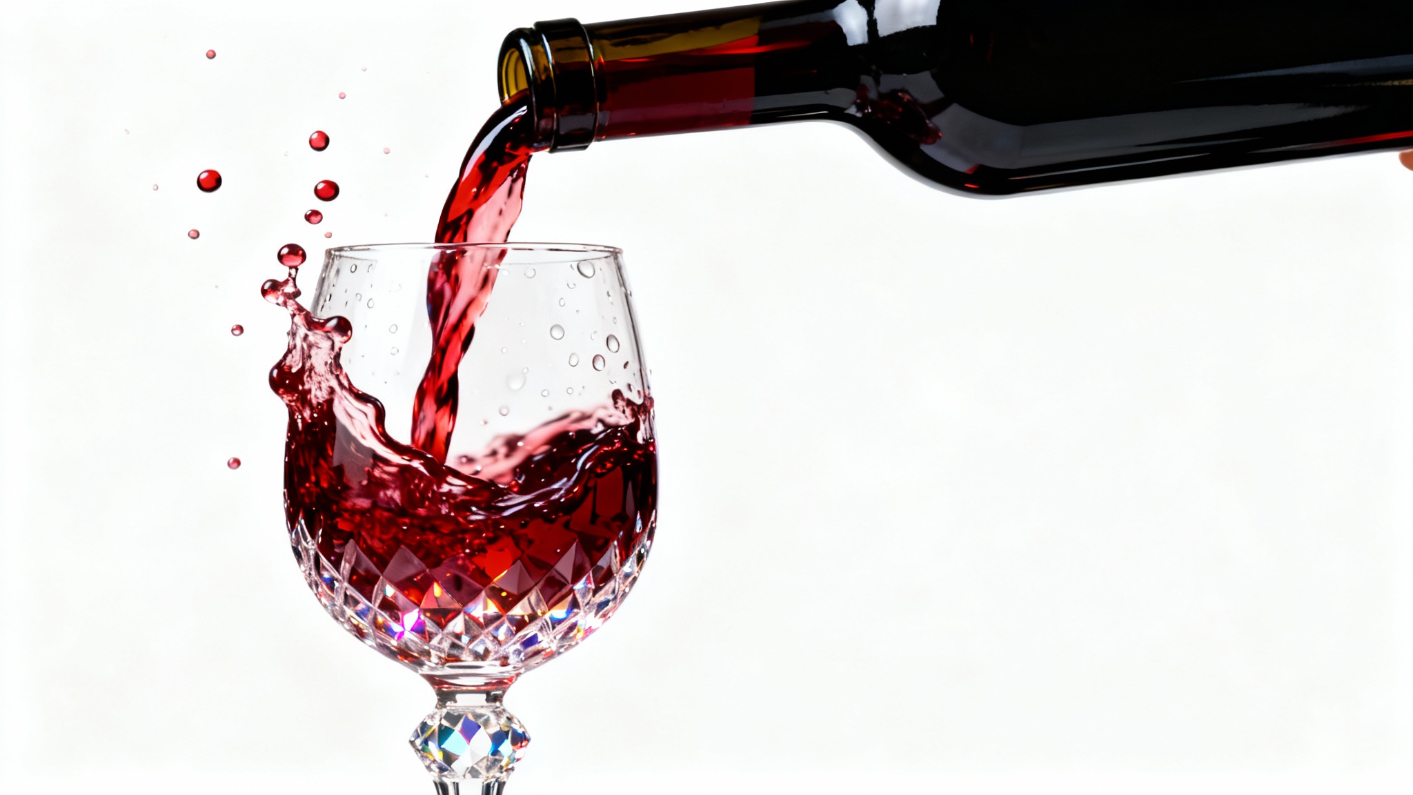 A professional studio photograph capturing a dynamic pour of red wine from a bottle into a crystal glass, creating a dramatic splash against a clean white background.