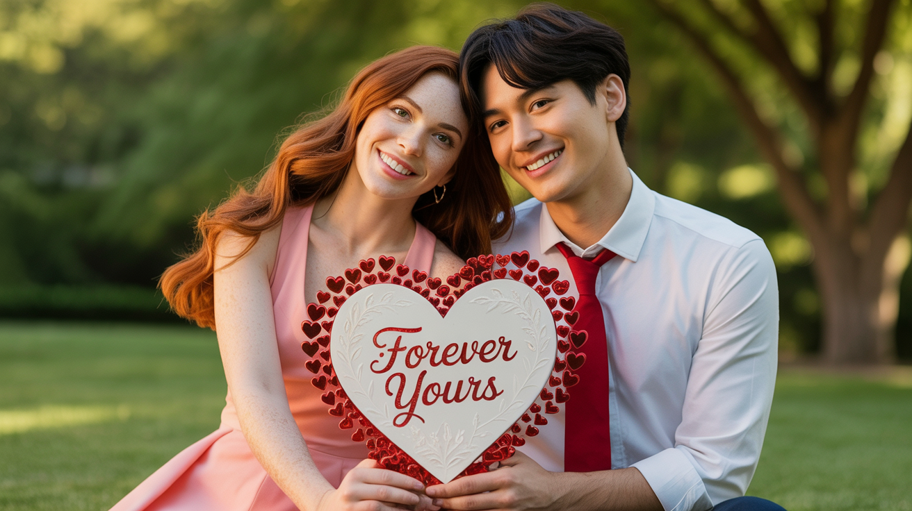A final, polished heart-shaped Valentine's Day photo frame on a white surface, showing a picture of a happy couple and the text 'Forever Yours' in gold script.