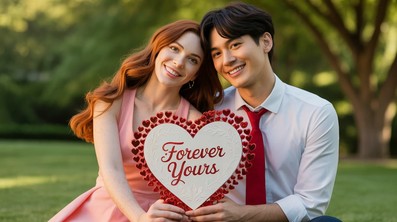 A final, polished heart-shaped Valentine's Day photo frame on a white surface, showing a picture of a happy couple and the text 'Forever Yours' in gold script.