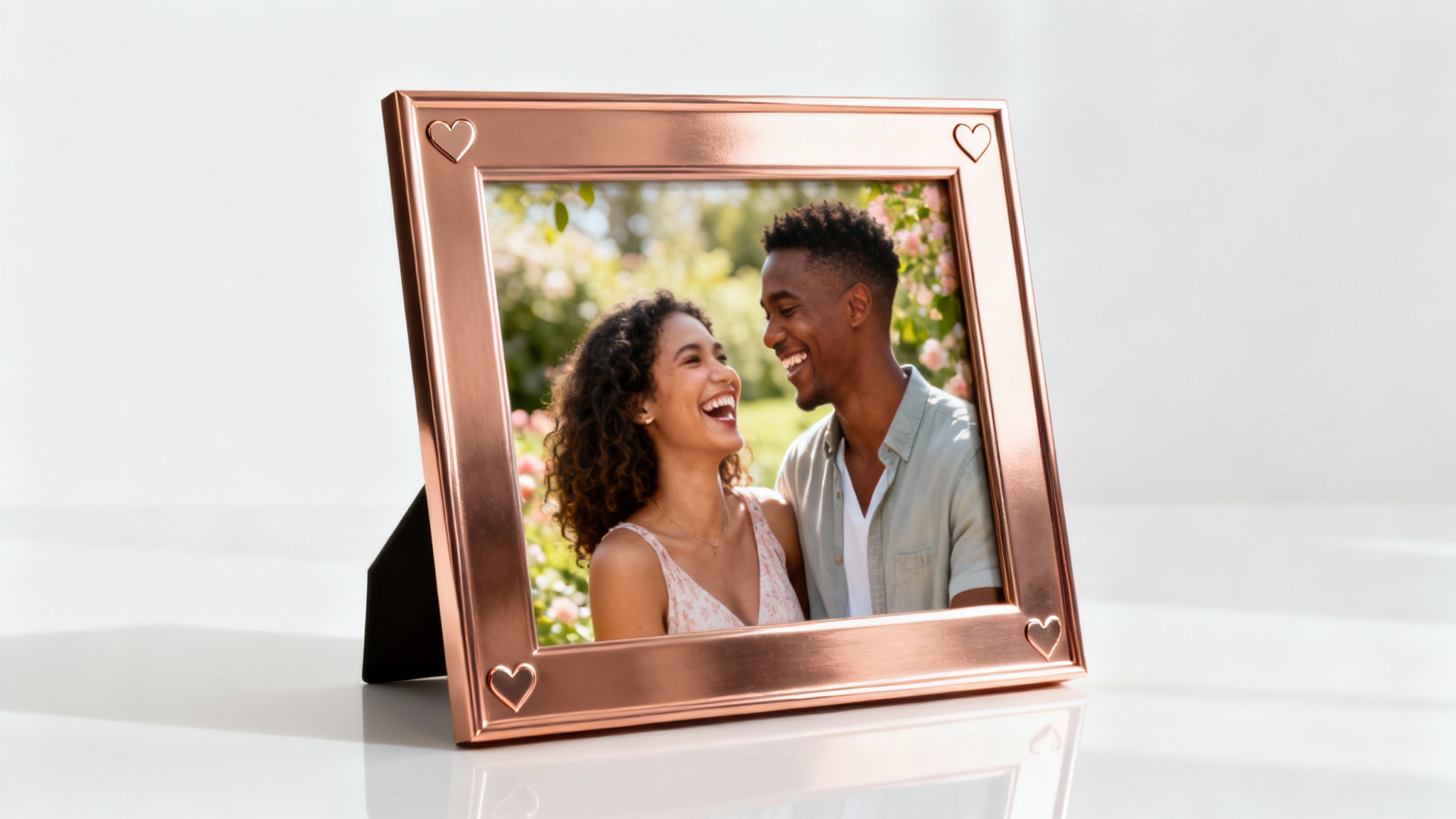 An elegant rose gold photo frame with an intricate heart design, containing a picture of a happy couple laughing. The Valentine's frame is displayed as a product mockup against a clean white background.