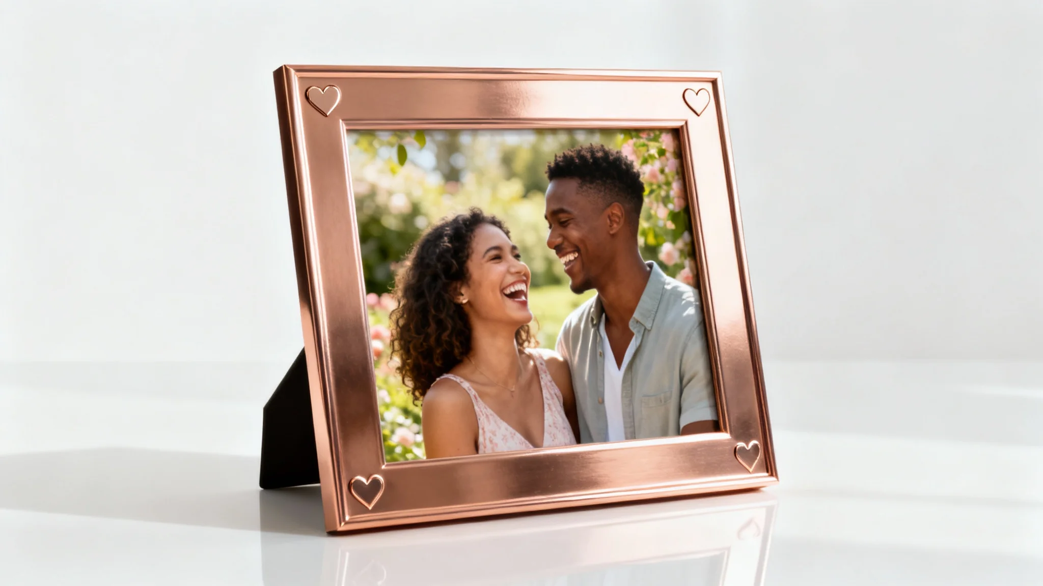 An elegant rose gold photo frame with an intricate heart design, containing a picture of a happy couple laughing. The Valentine's frame is displayed as a product mockup against a clean white background.