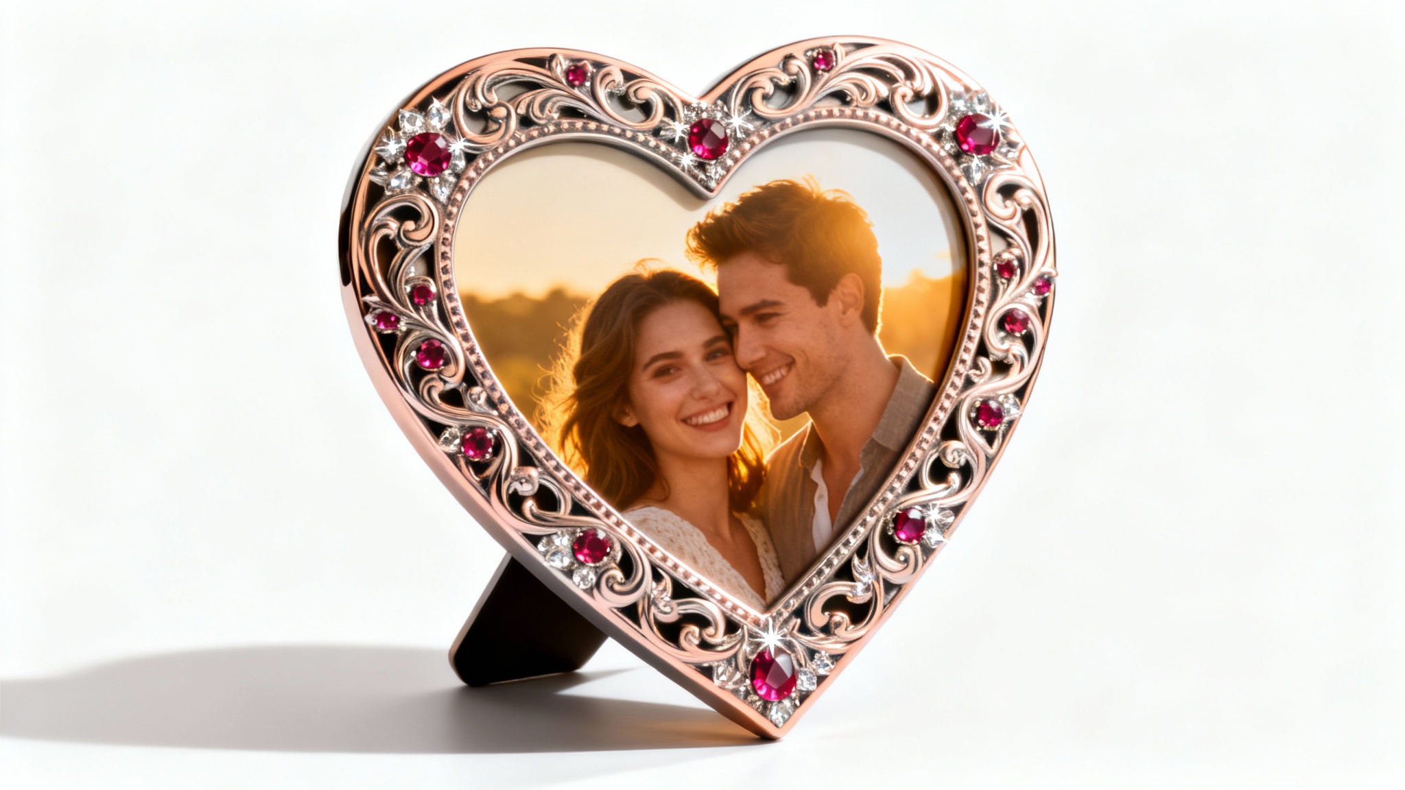 A beautiful, heart-shaped silver photo frame decorated with red crystals, containing a picture of a happy couple, set against a plain white background.